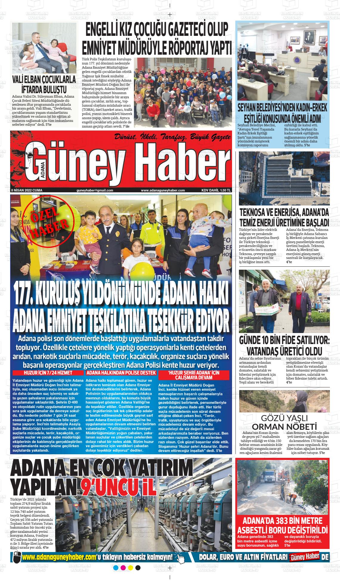 08 Nisan 2022 Adana Güney Haber Gazete Manşeti