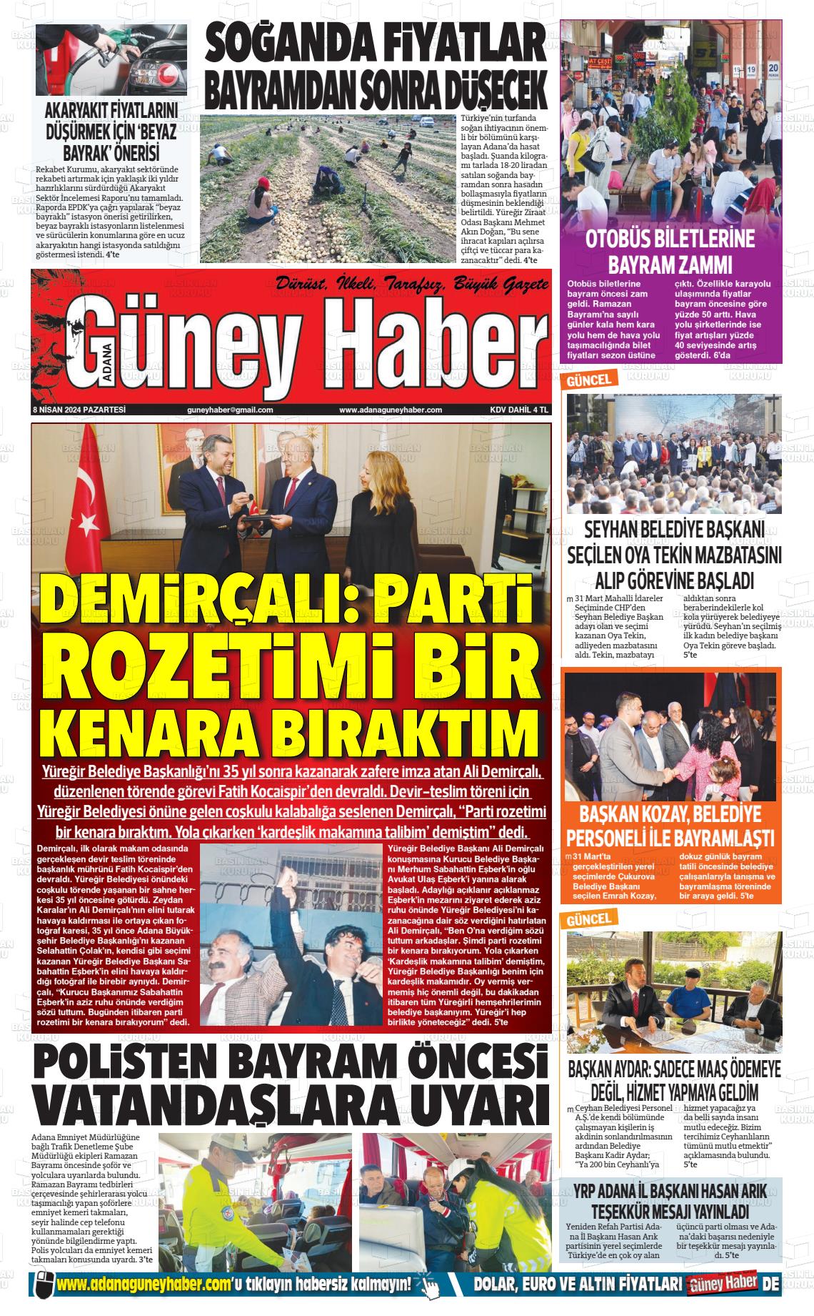 08 Nisan 2024 Adana Güney Haber Gazete Manşeti