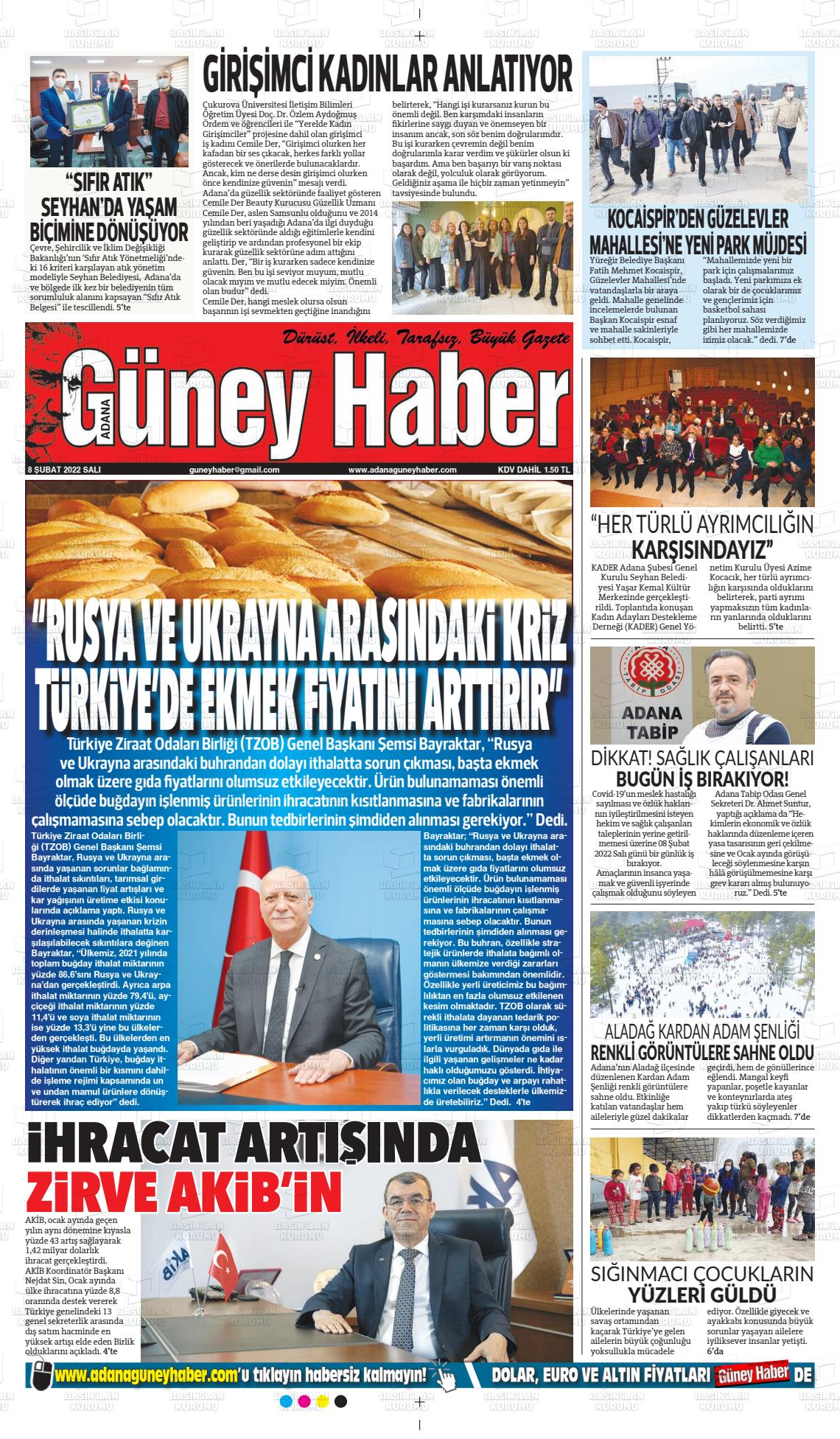 08 Şubat 2022 Adana Güney Haber Gazete Manşeti