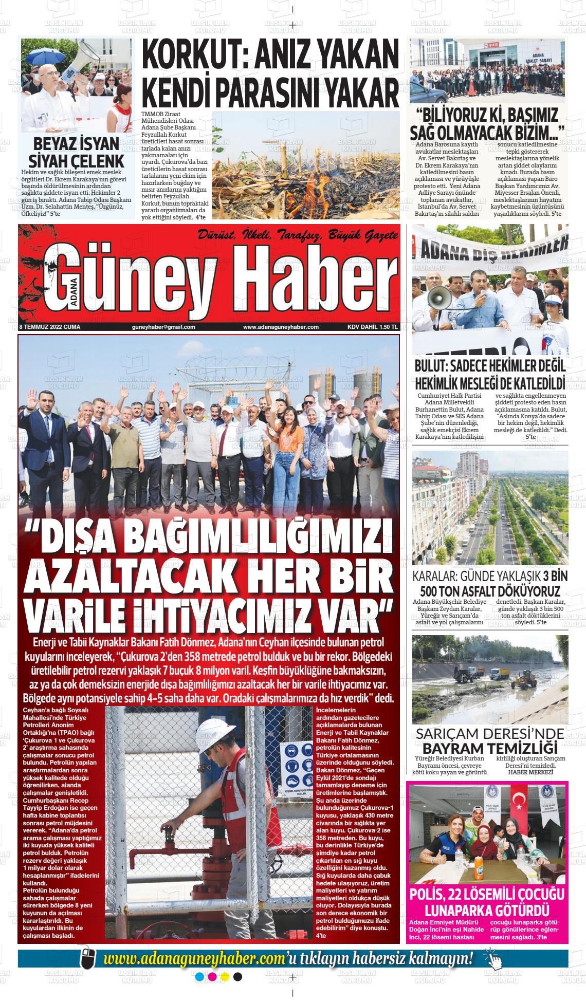 08 Temmuz 2022 Adana Güney Haber Gazete Manşeti