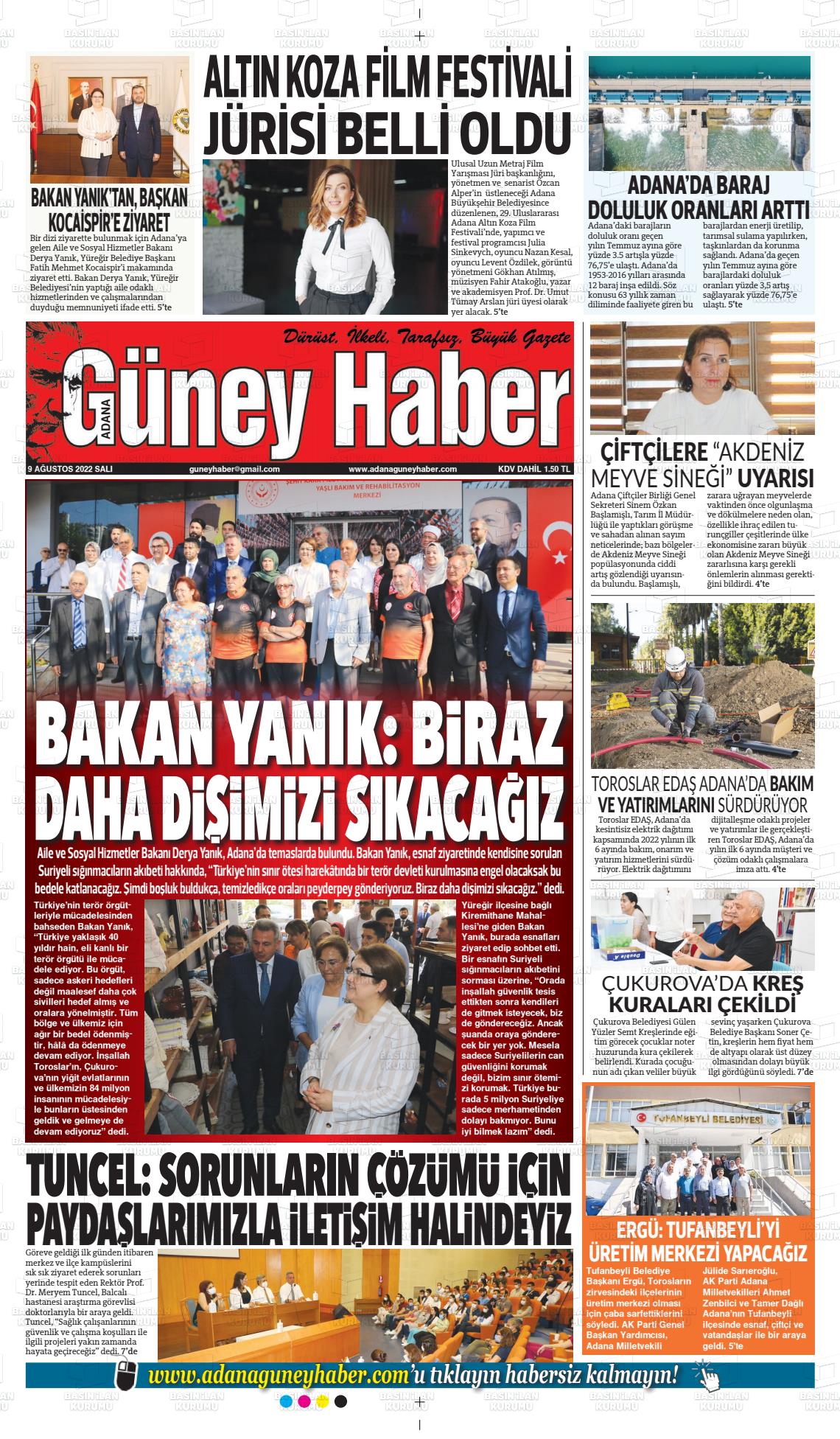 09 Ağustos 2022 Adana Güney Haber Gazete Manşeti