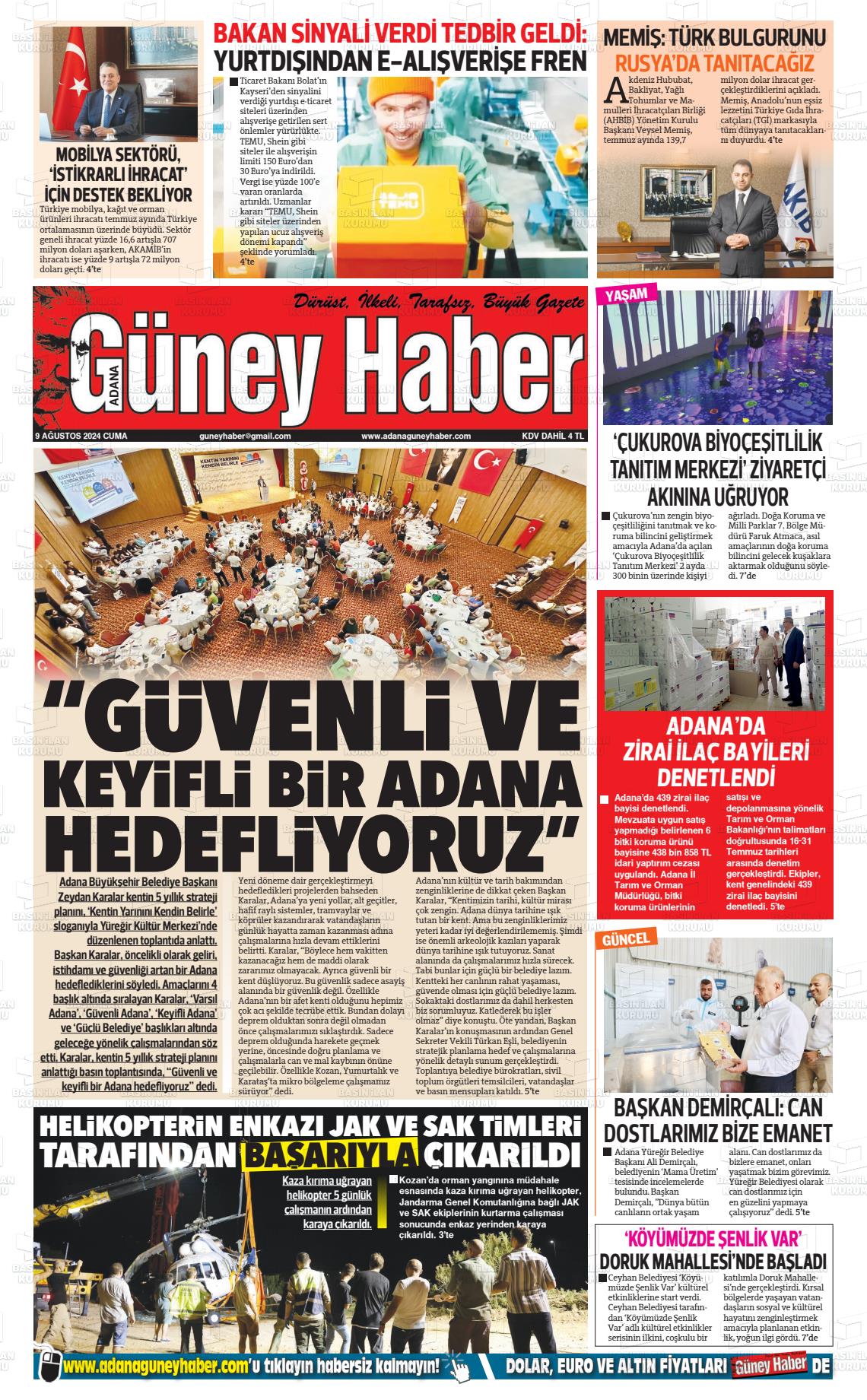 09 Ağustos 2024 Adana Güney Haber Gazete Manşeti