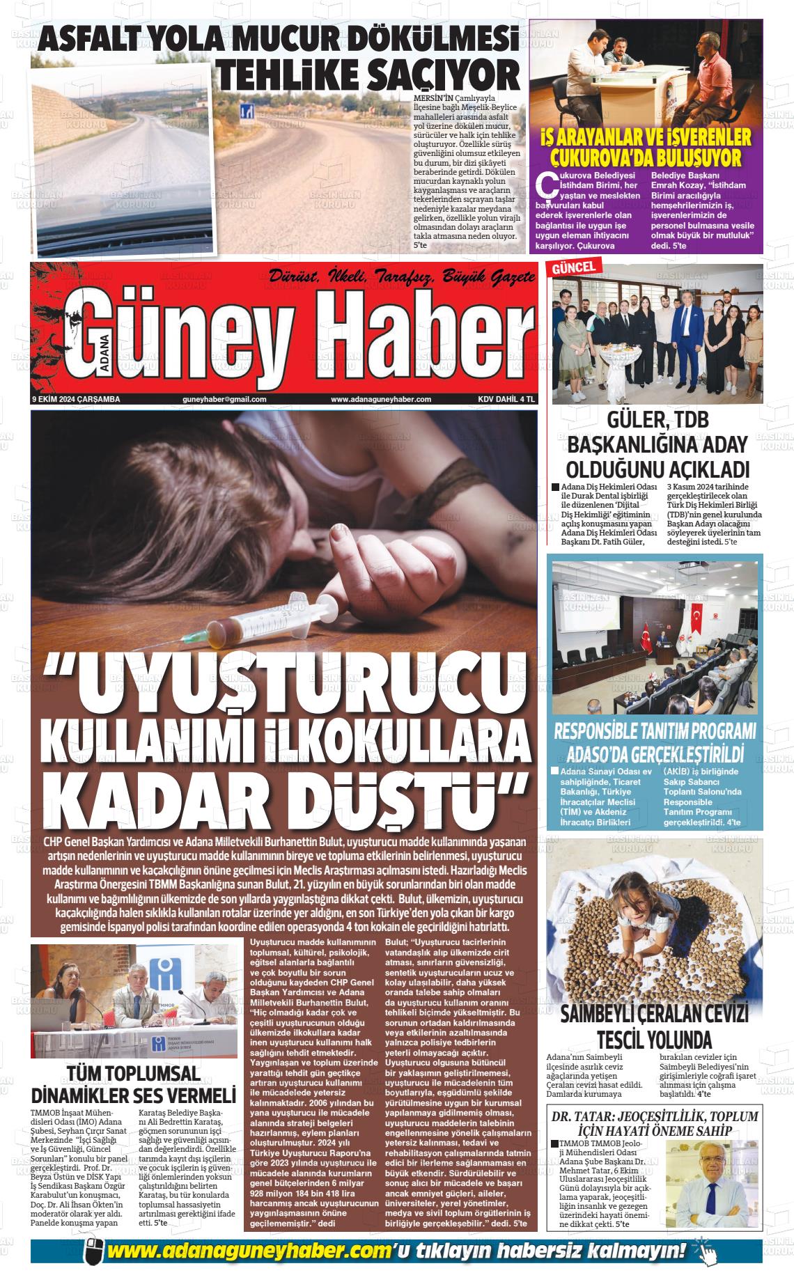 09 Ekim 2024 Adana Güney Haber Gazete Manşeti