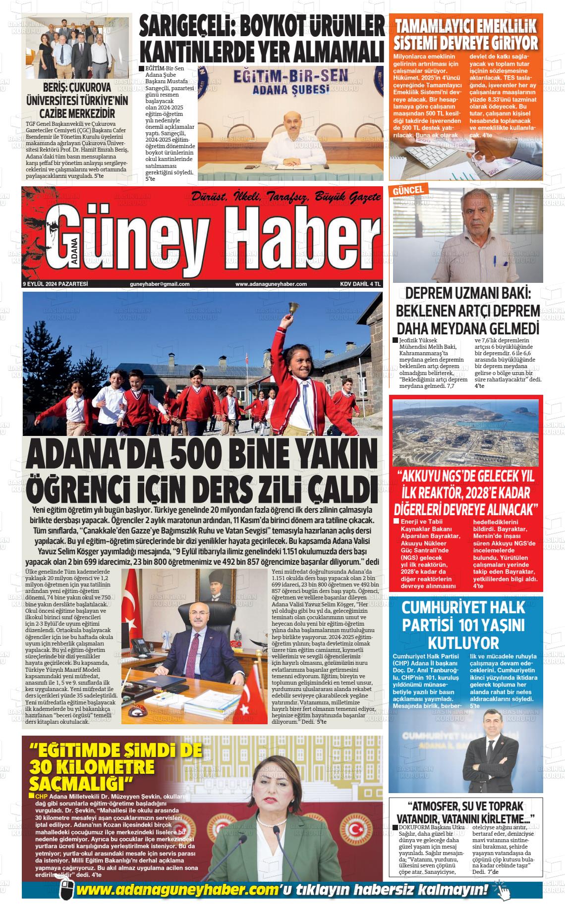 09 Eylül 2024 Adana Güney Haber Gazete Manşeti