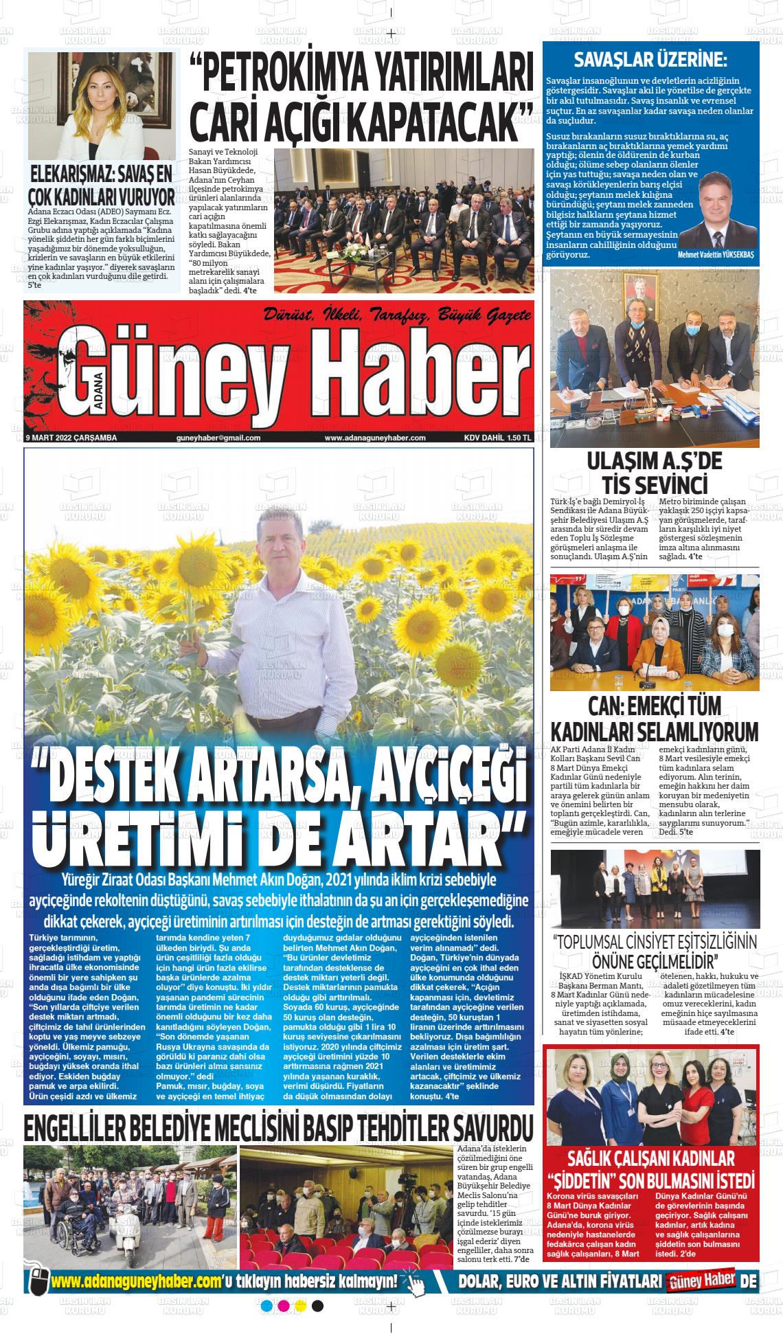 09 Mart 2022 Adana Güney Haber Gazete Manşeti