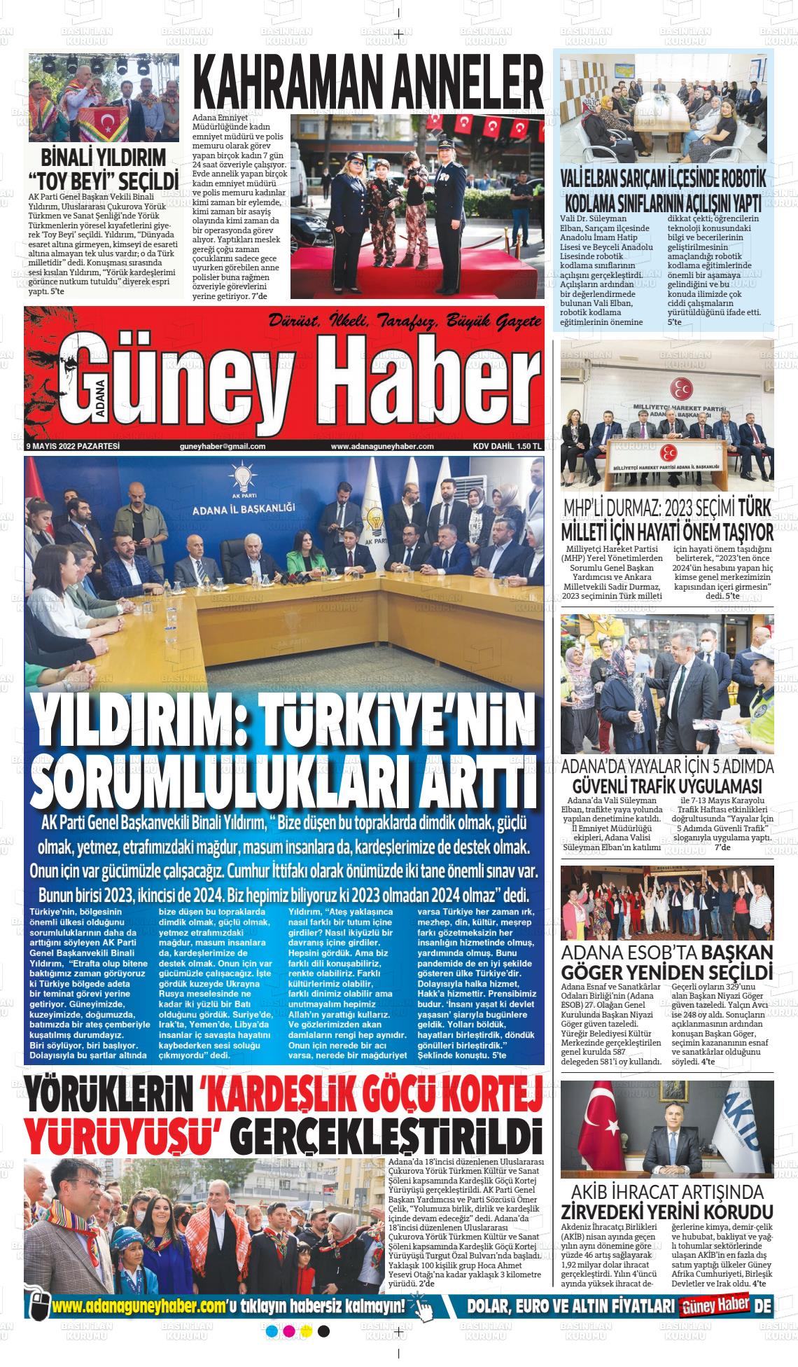 09 Mayıs 2022 Adana Güney Haber Gazete Manşeti