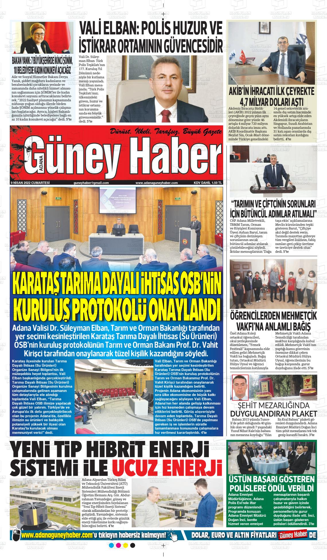 09 Nisan 2022 Adana Güney Haber Gazete Manşeti