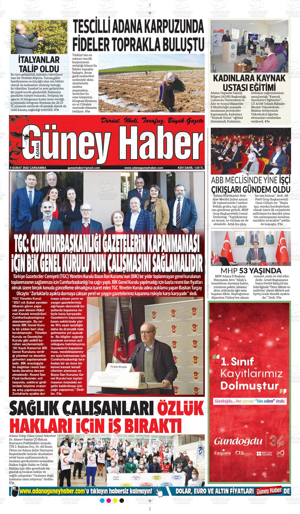 09 Şubat 2022 Adana Güney Haber Gazete Manşeti