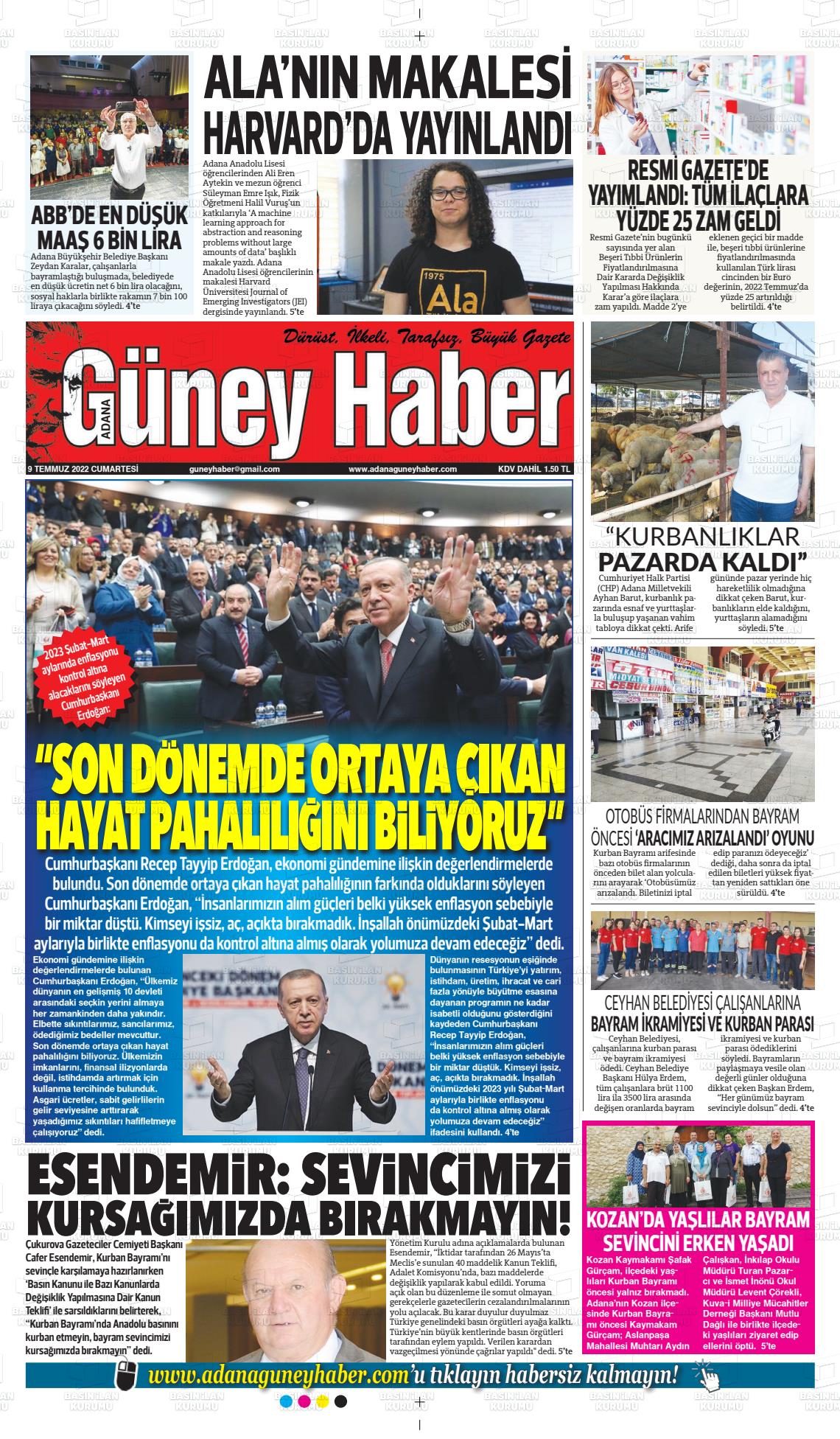 09 Temmuz 2022 Adana Güney Haber Gazete Manşeti