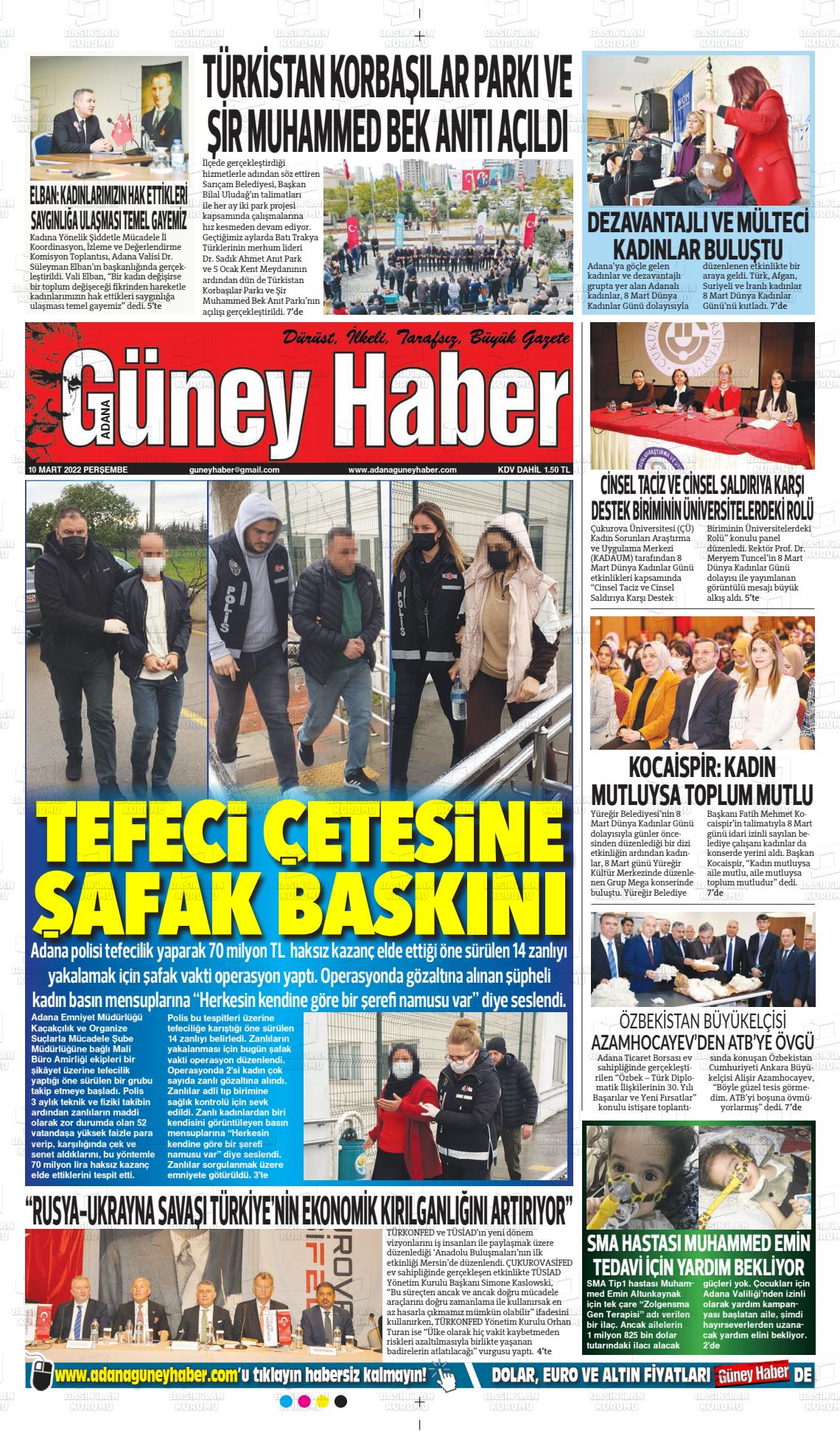 10 Mart 2022 Adana Güney Haber Gazete Manşeti