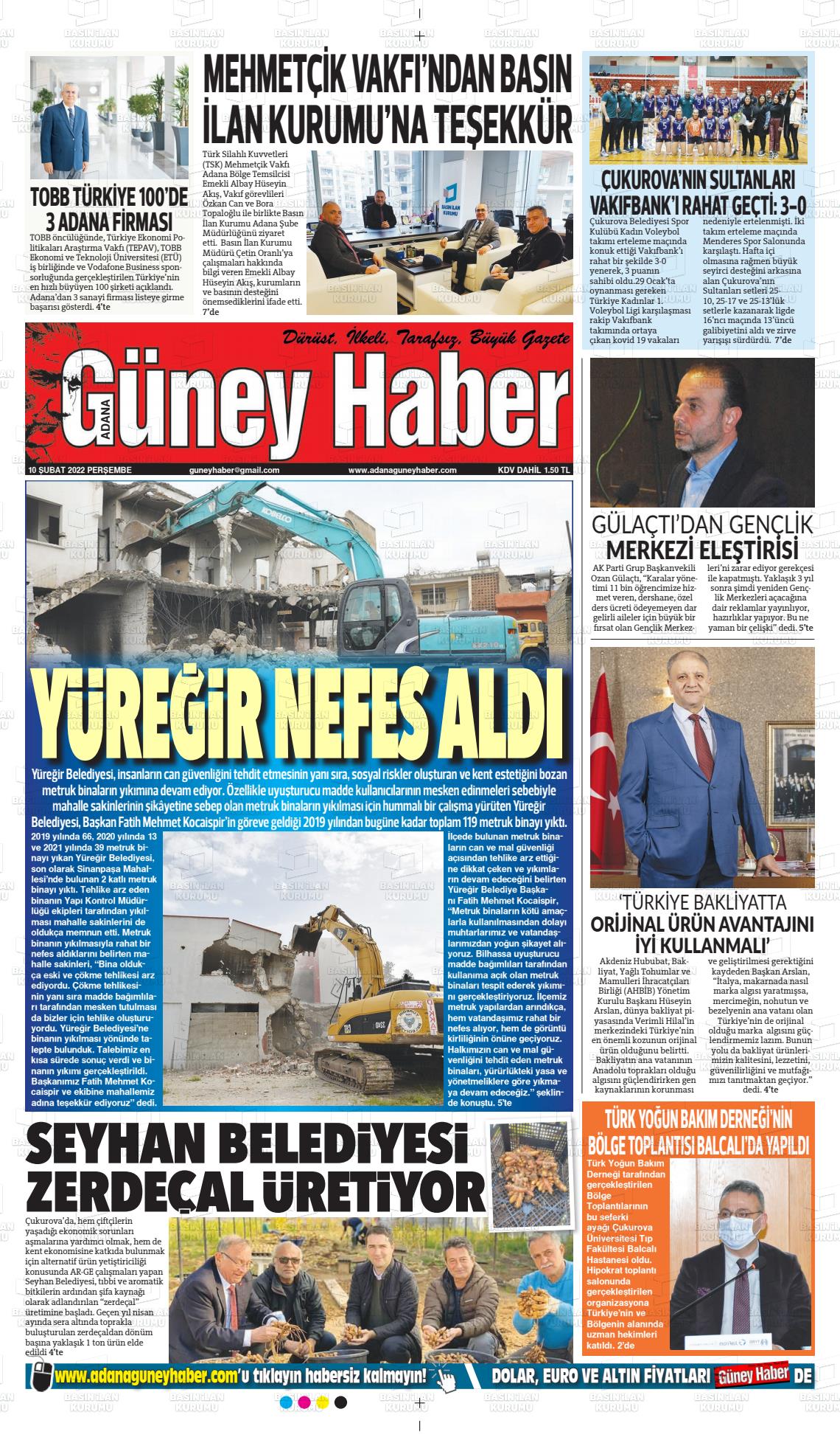 10 Şubat 2022 Adana Güney Haber Gazete Manşeti