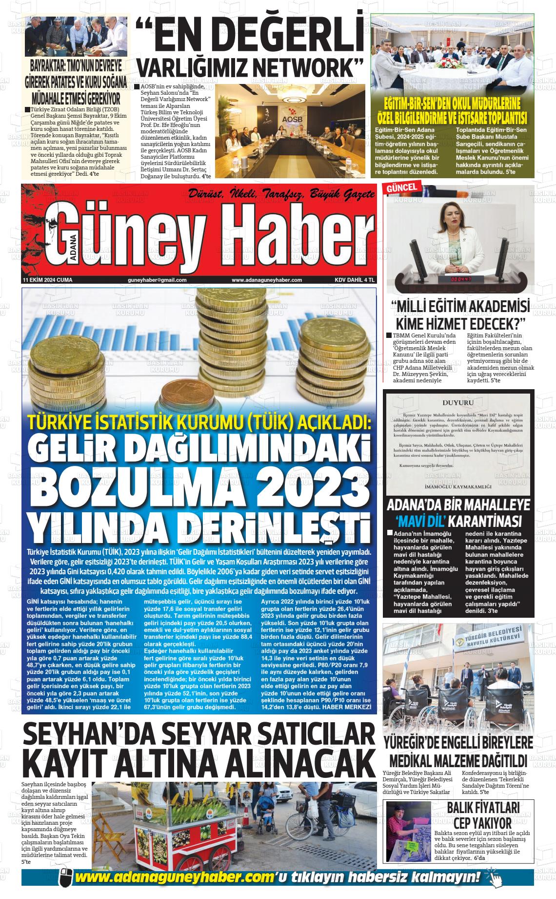 11 Ekim 2024 Adana Güney Haber Gazete Manşeti