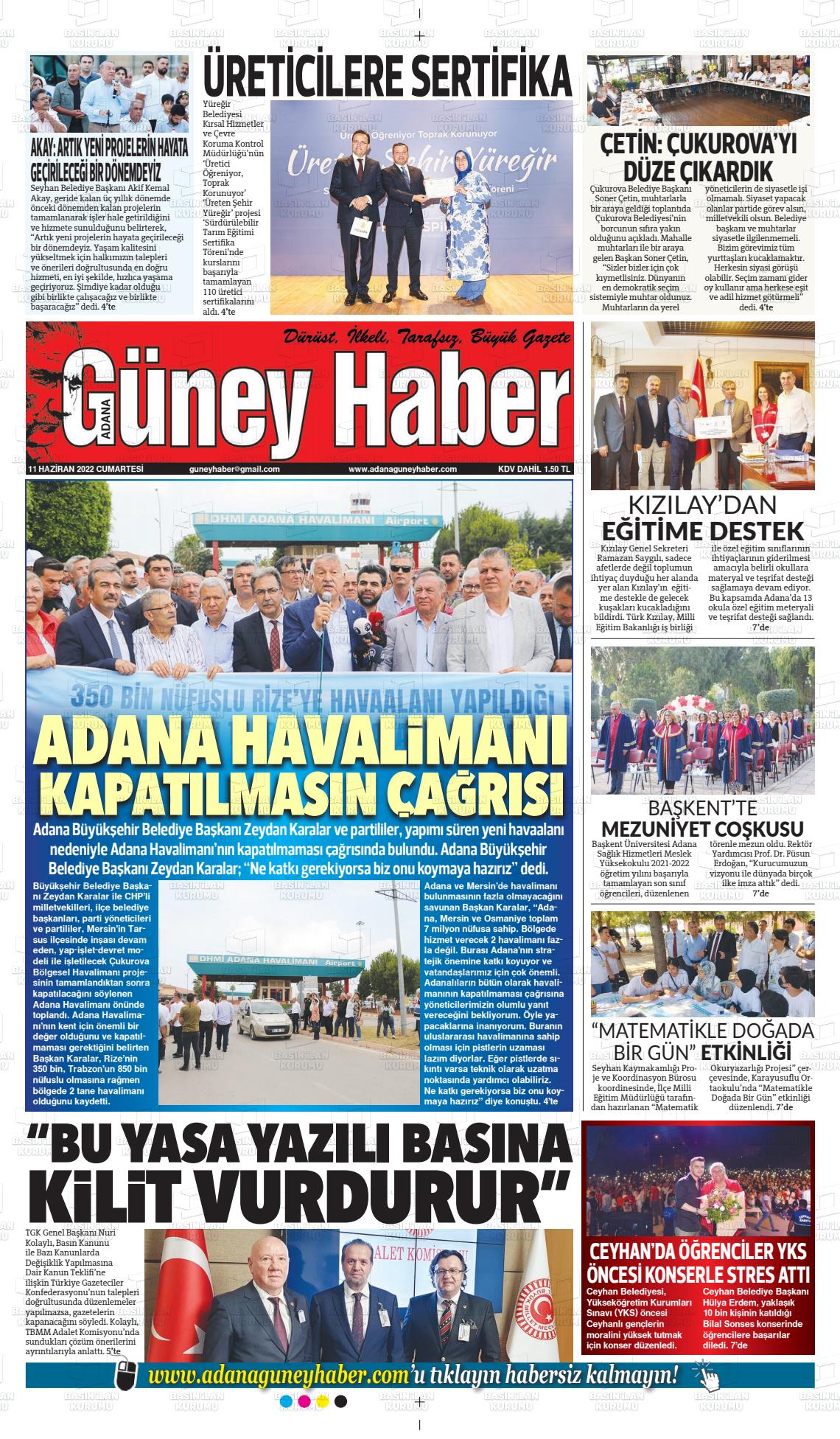 11 Haziran 2022 Adana Güney Haber Gazete Manşeti