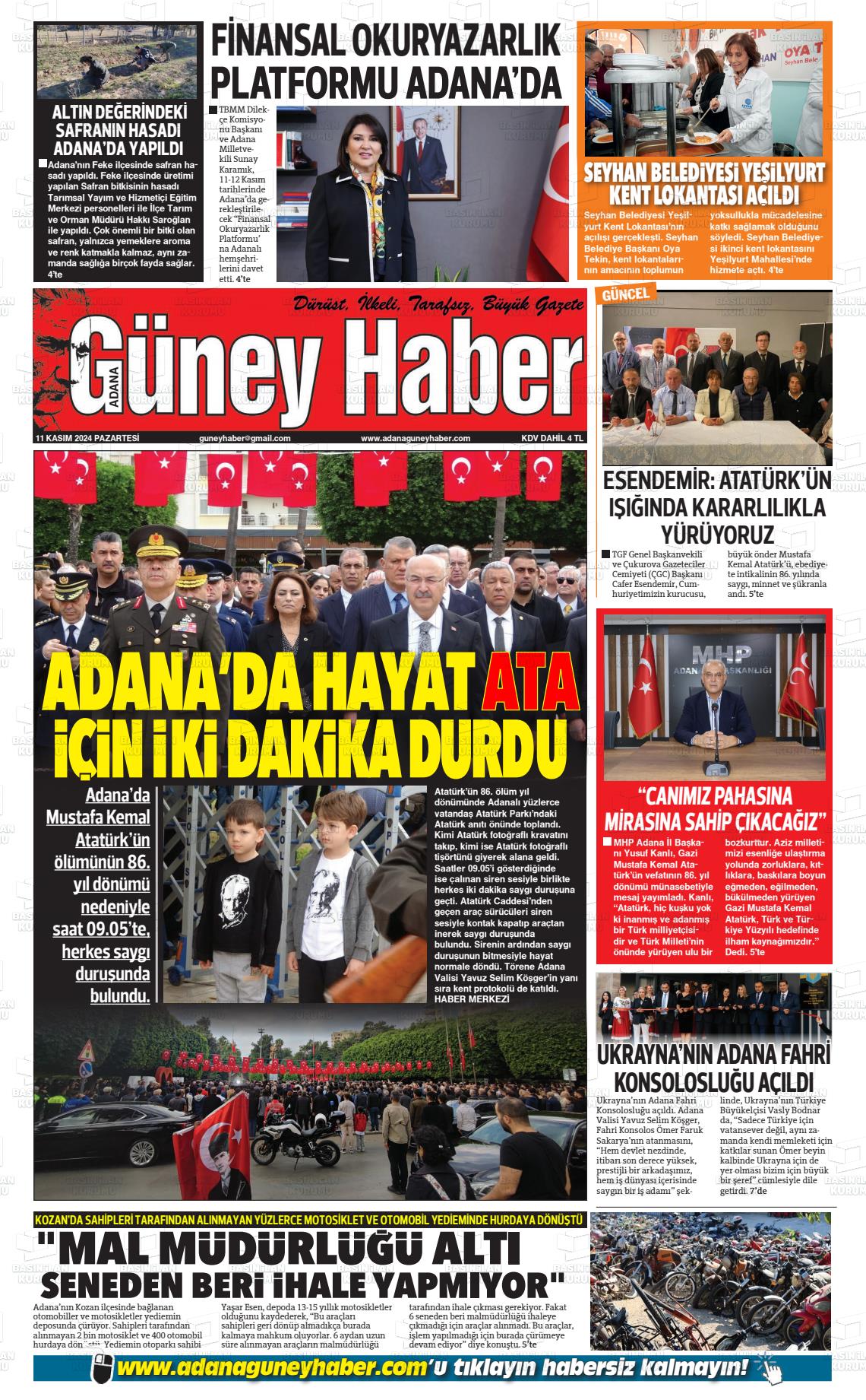 11 Kasım 2024 Adana Güney Haber Gazete Manşeti