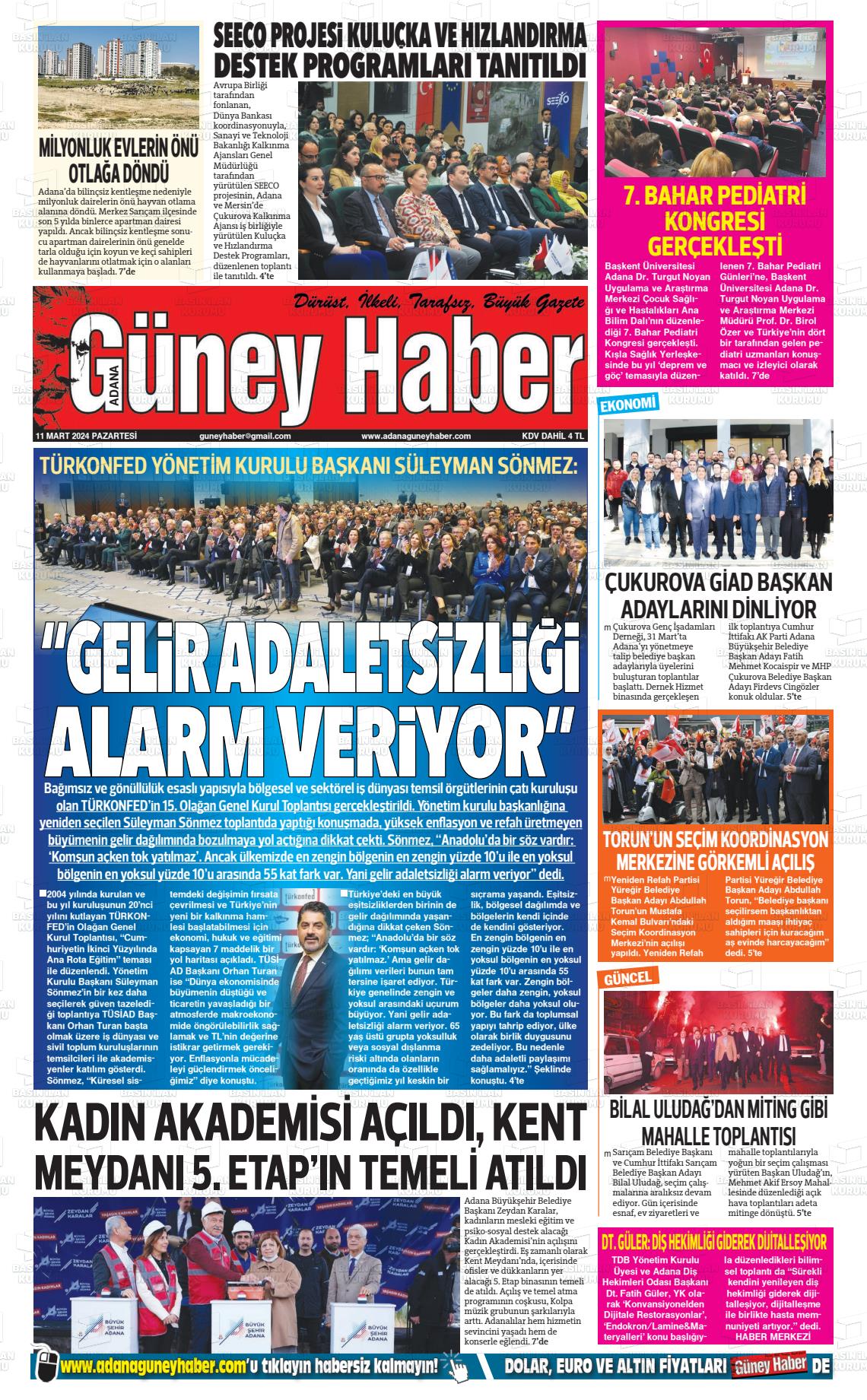 11 Mart 2024 Adana Güney Haber Gazete Manşeti