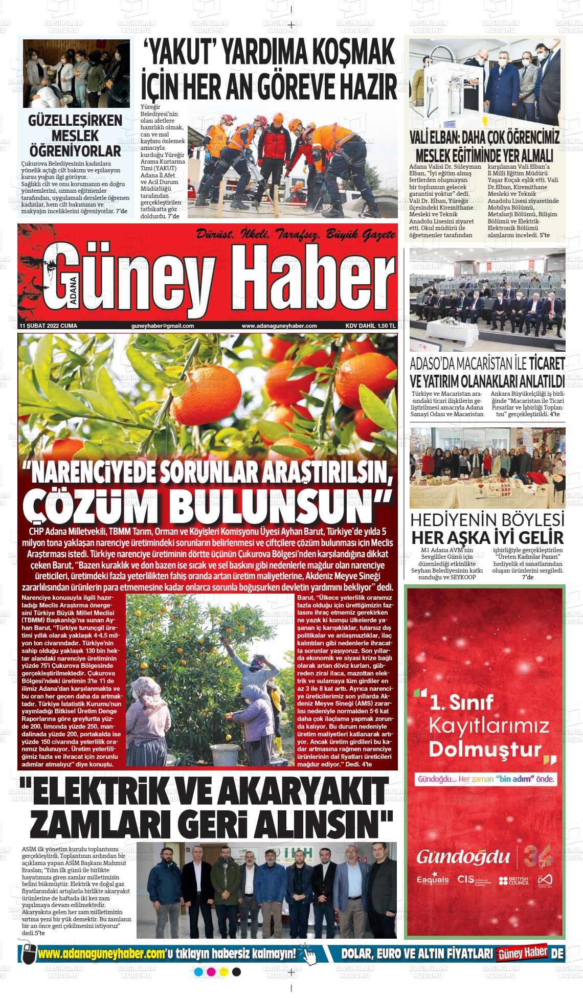 11 Şubat 2022 Adana Güney Haber Gazete Manşeti