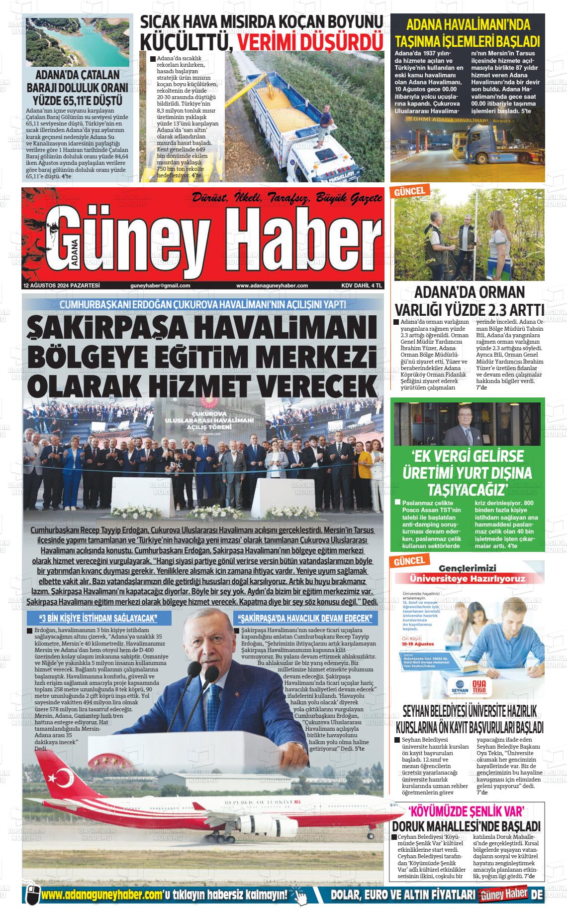 12 Ağustos 2024 Adana Güney Haber Gazete Manşeti