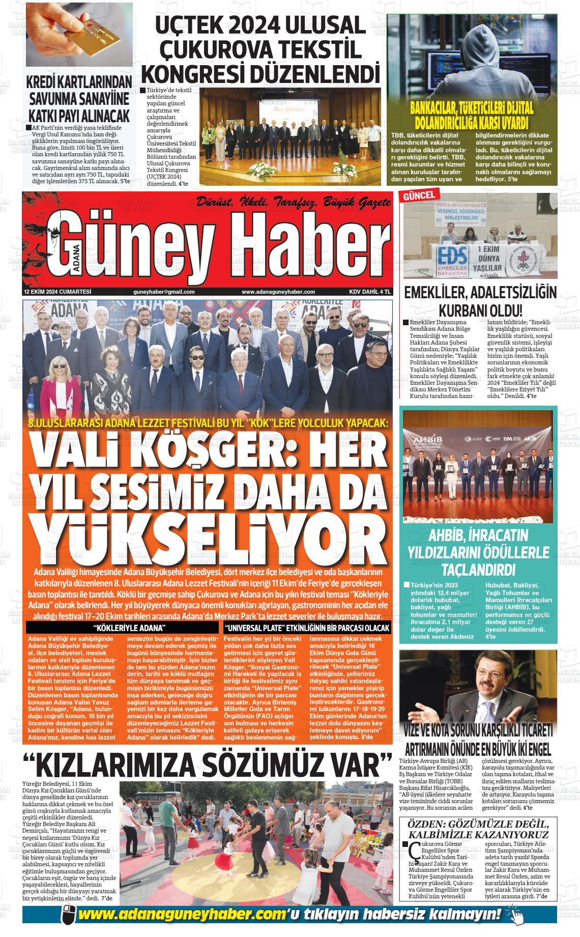 12 Ekim 2024 Adana Güney Haber Gazete Manşeti