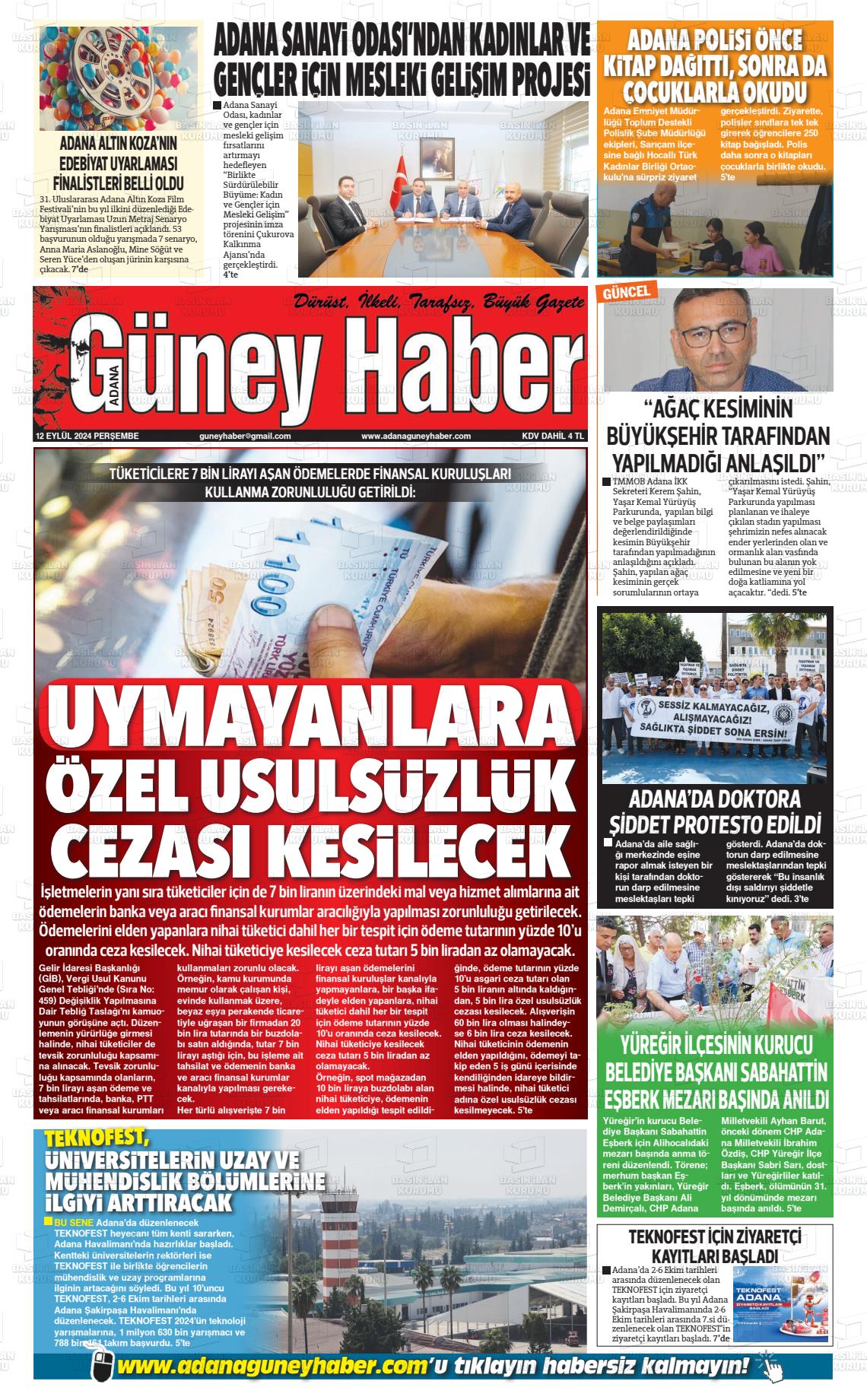 12 Eylül 2024 Adana Güney Haber Gazete Manşeti