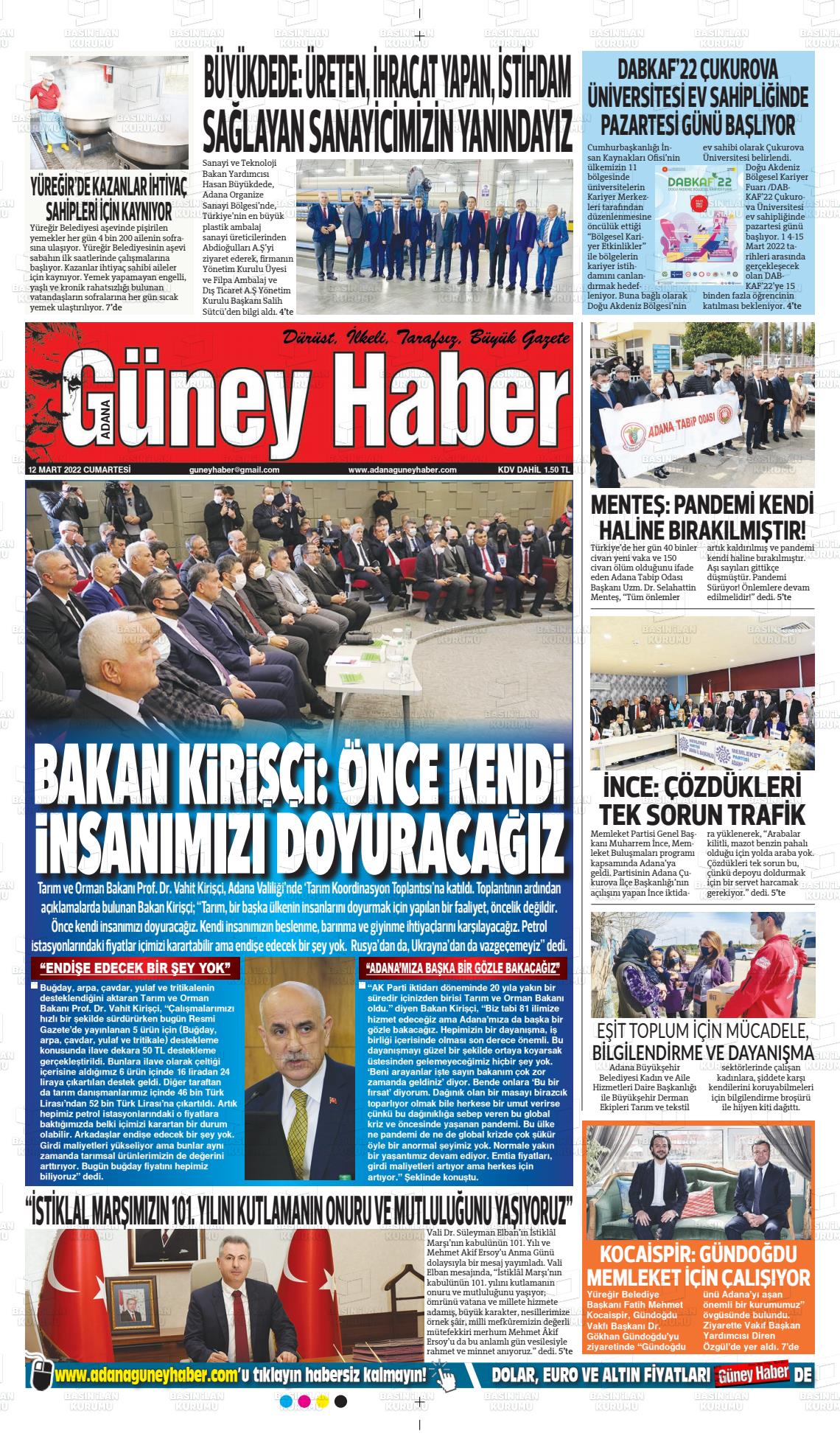 12 Mart 2022 Adana Güney Haber Gazete Manşeti