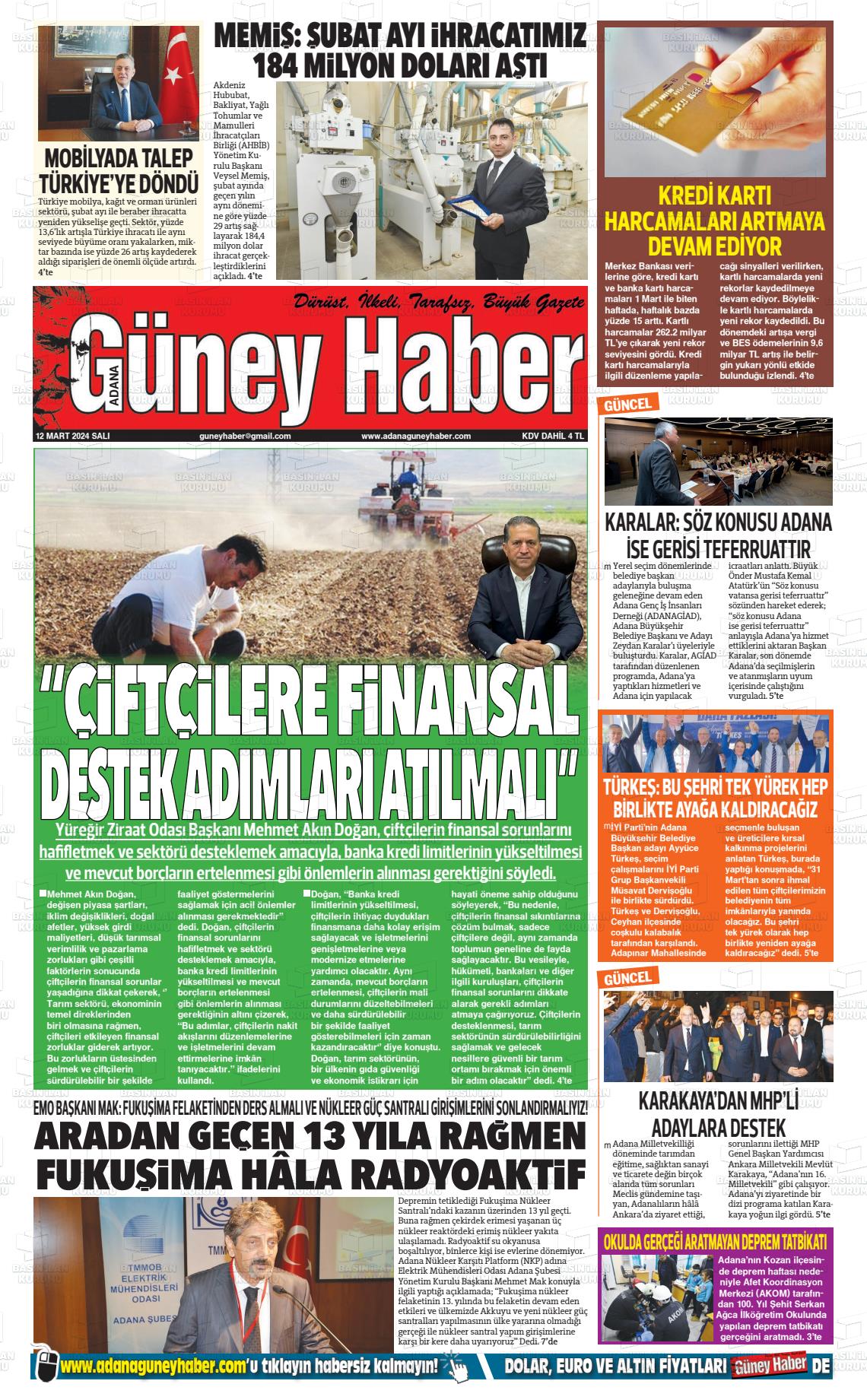 12 Mart 2024 Adana Güney Haber Gazete Manşeti