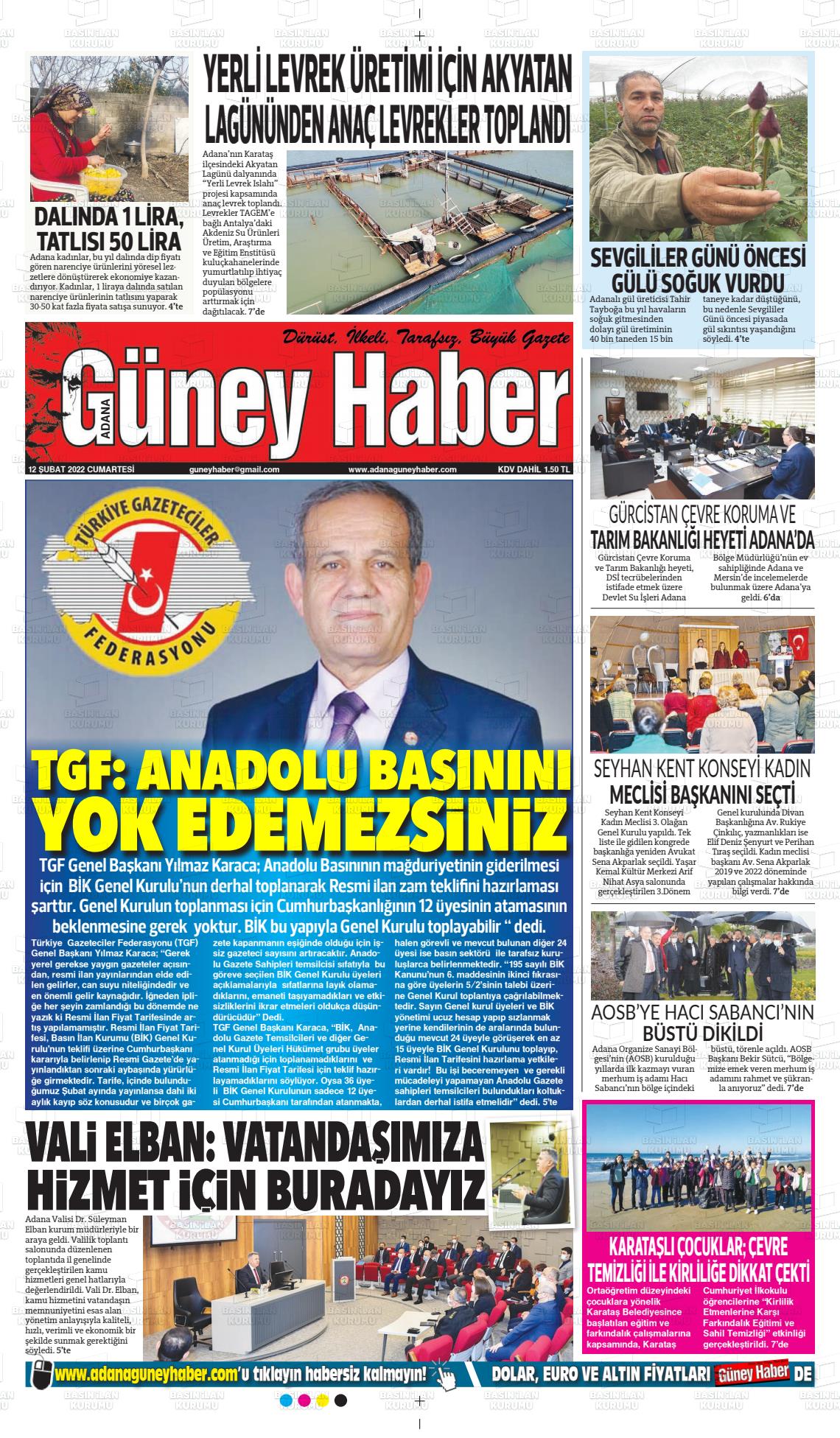 12 Şubat 2022 Adana Güney Haber Gazete Manşeti