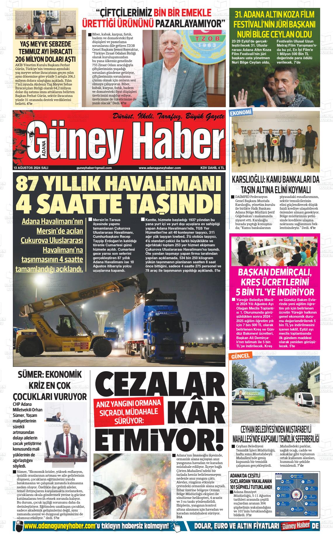 13 Ağustos 2024 Adana Güney Haber Gazete Manşeti