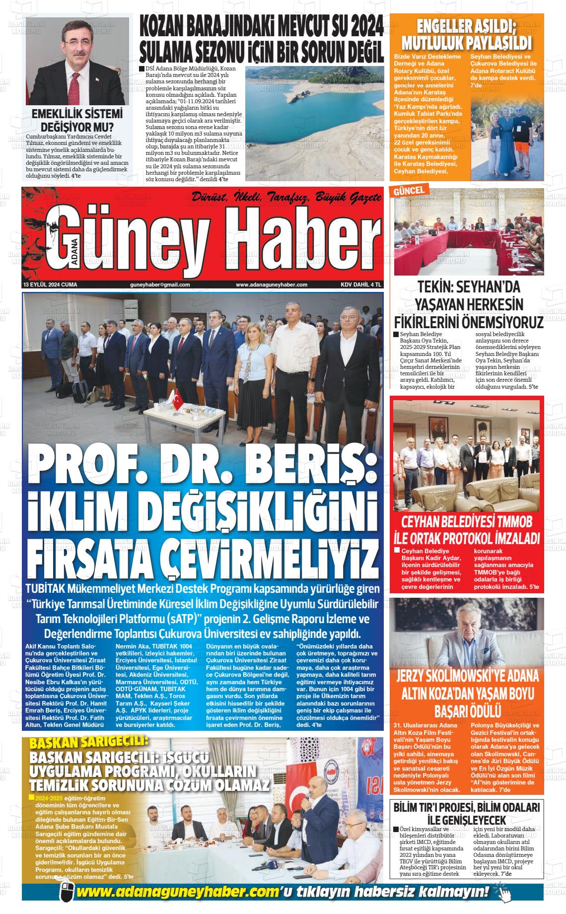 13 Eylül 2024 Adana Güney Haber Gazete Manşeti