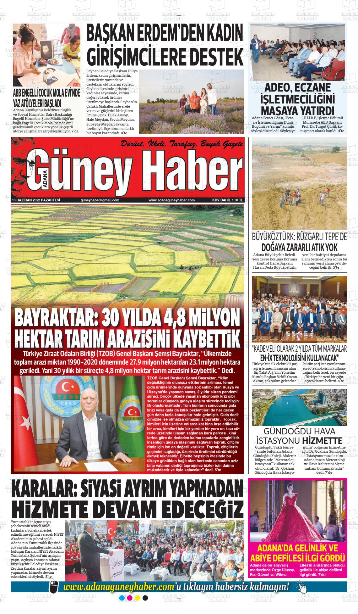 13 Haziran 2022 Adana Güney Haber Gazete Manşeti