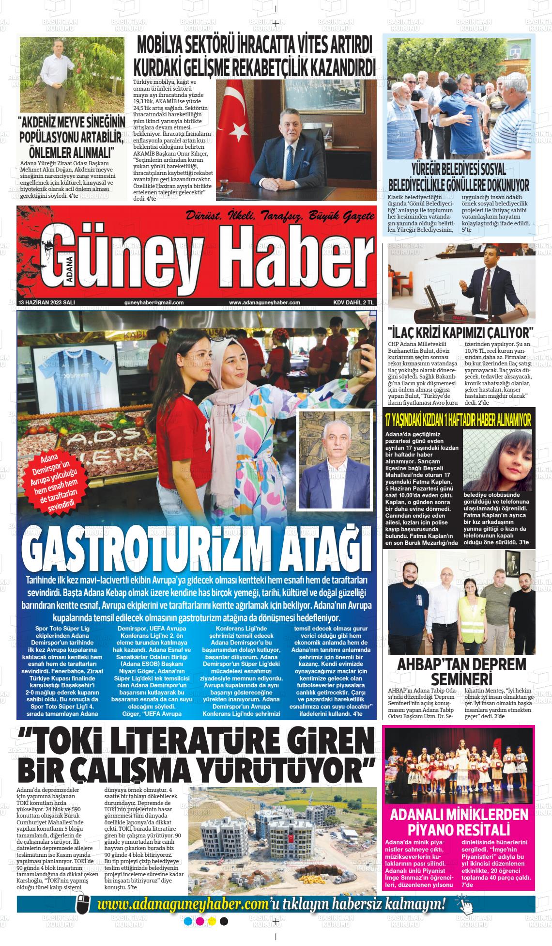 13 Haziran 2023 Adana Güney Haber Gazete Manşeti