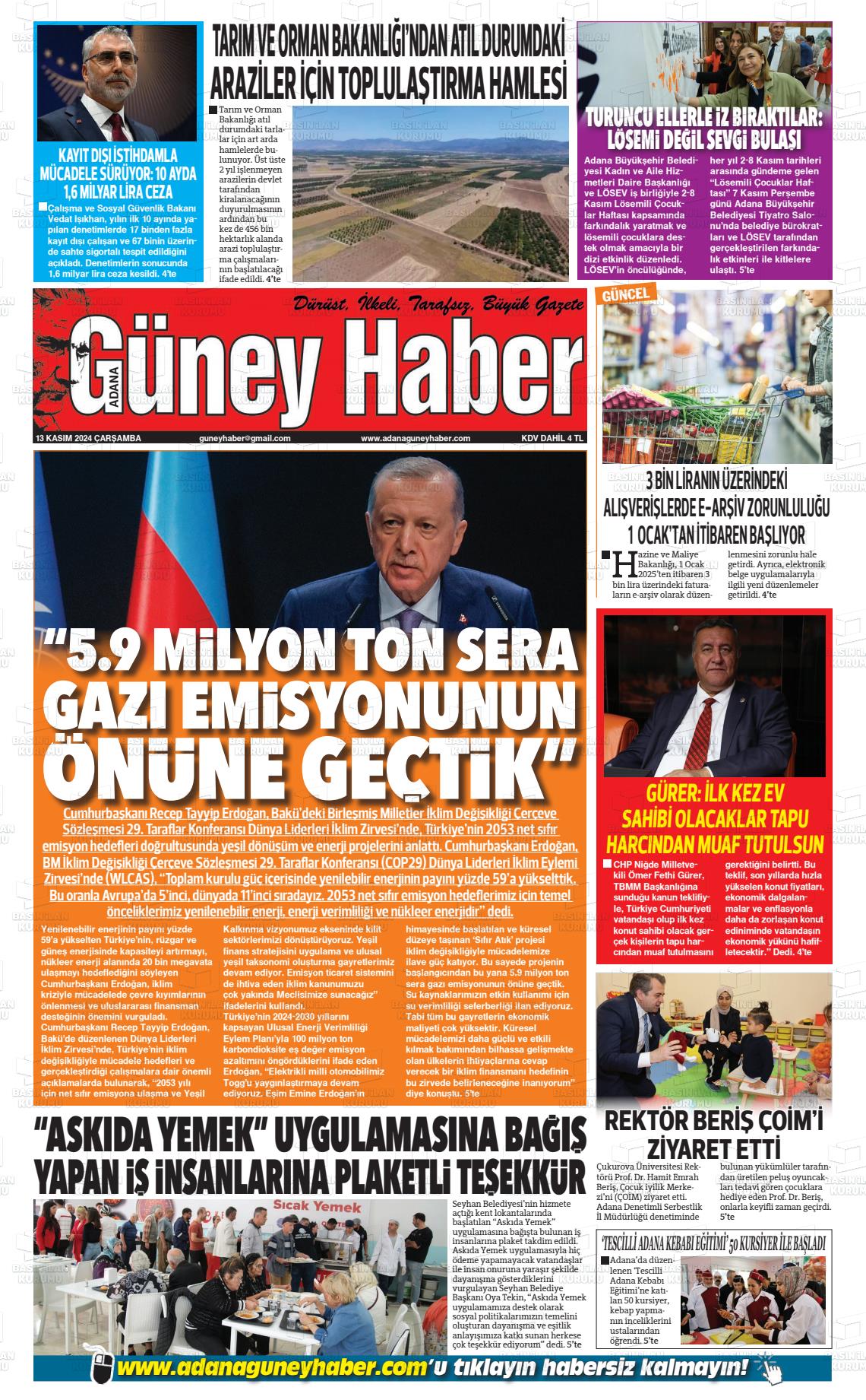 13 Kasım 2024 Adana Güney Haber Gazete Manşeti