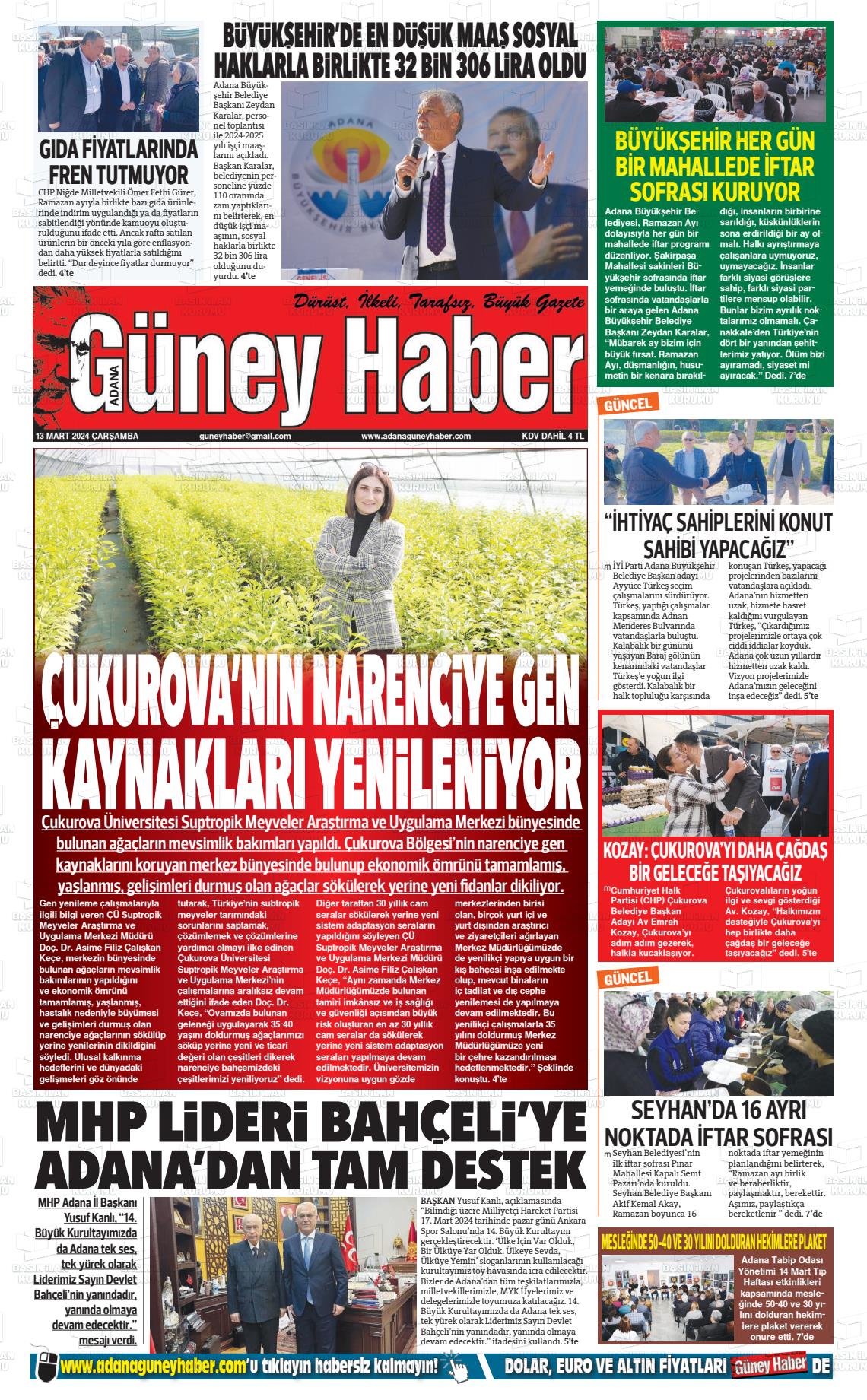 13 Mart 2024 Adana Güney Haber Gazete Manşeti