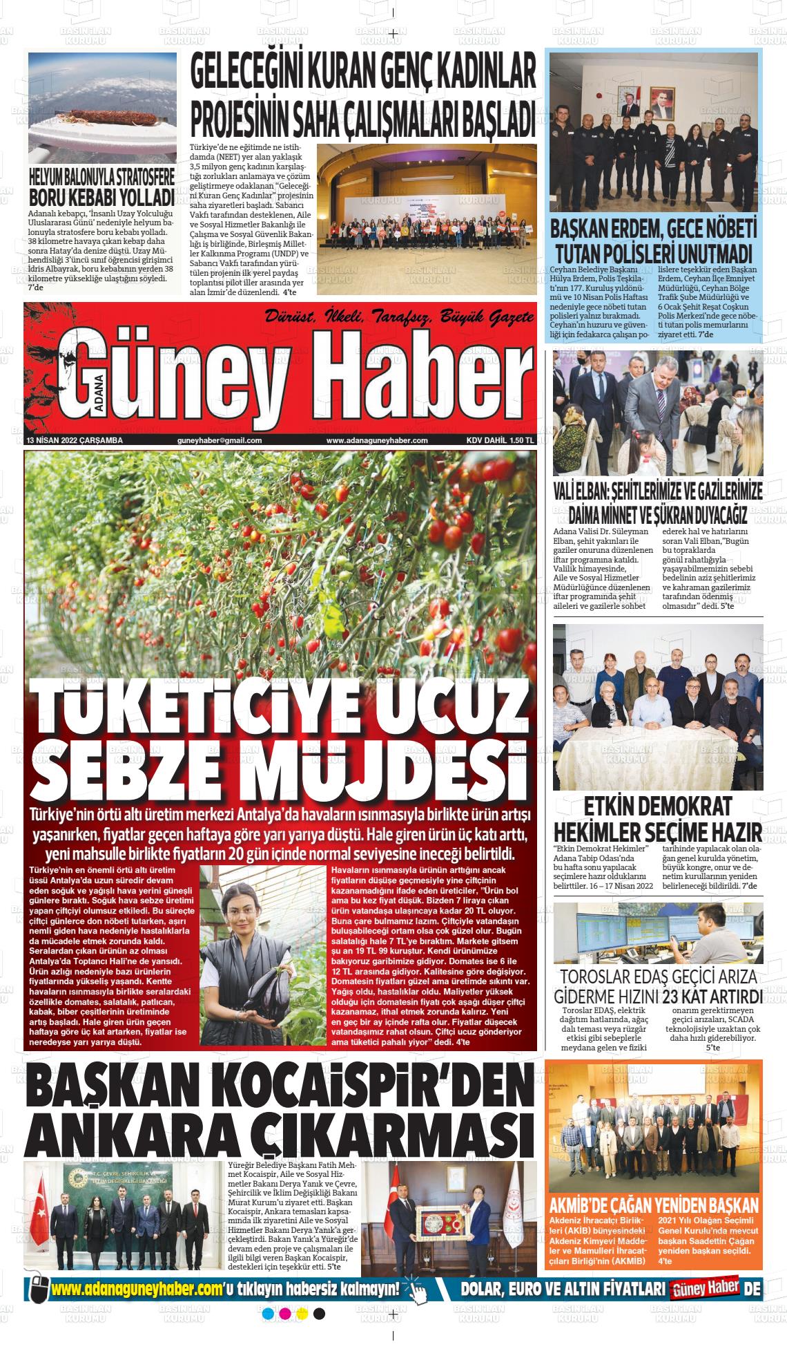 13 Nisan 2022 Adana Güney Haber Gazete Manşeti