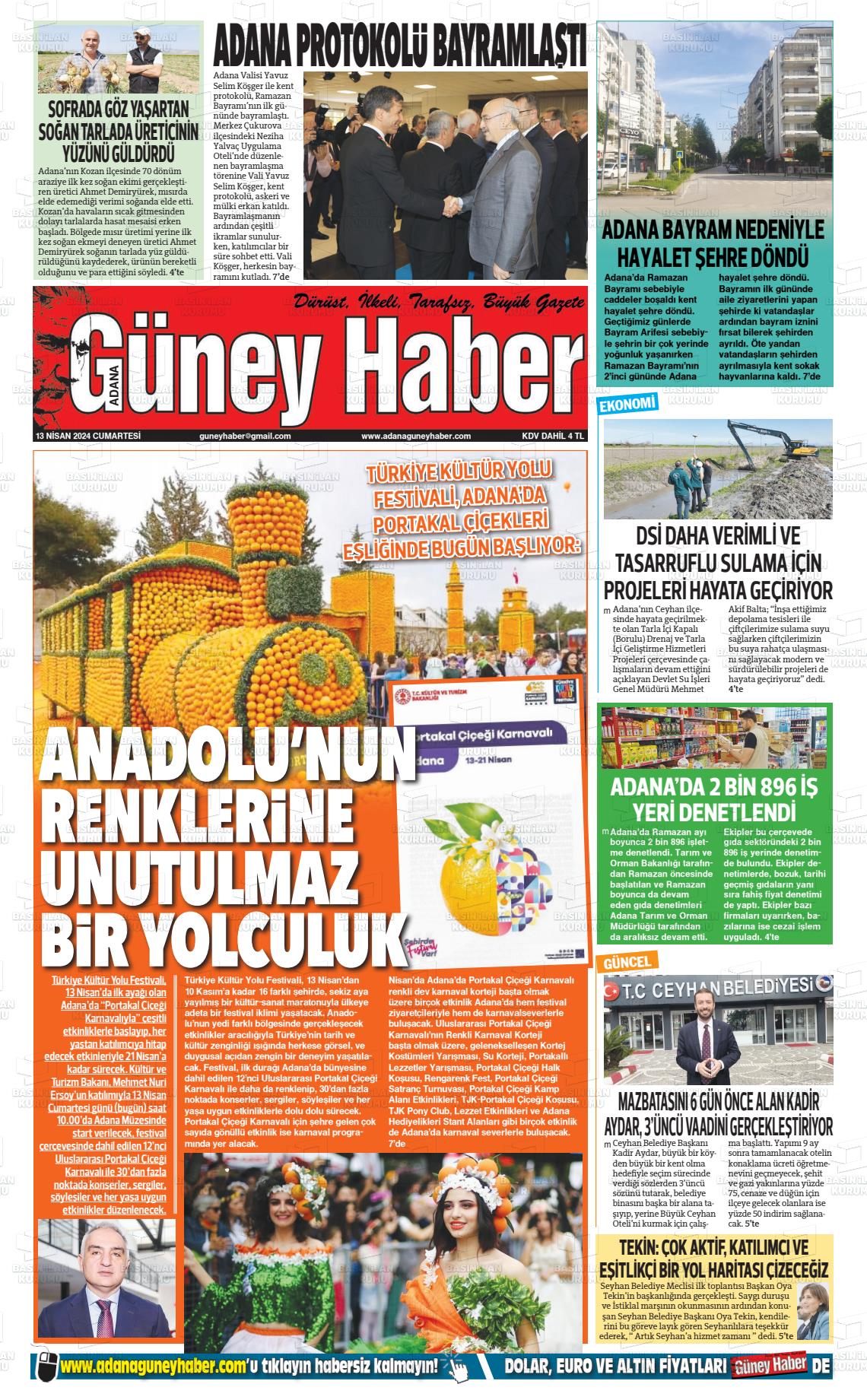 13 Nisan 2024 Adana Güney Haber Gazete Manşeti