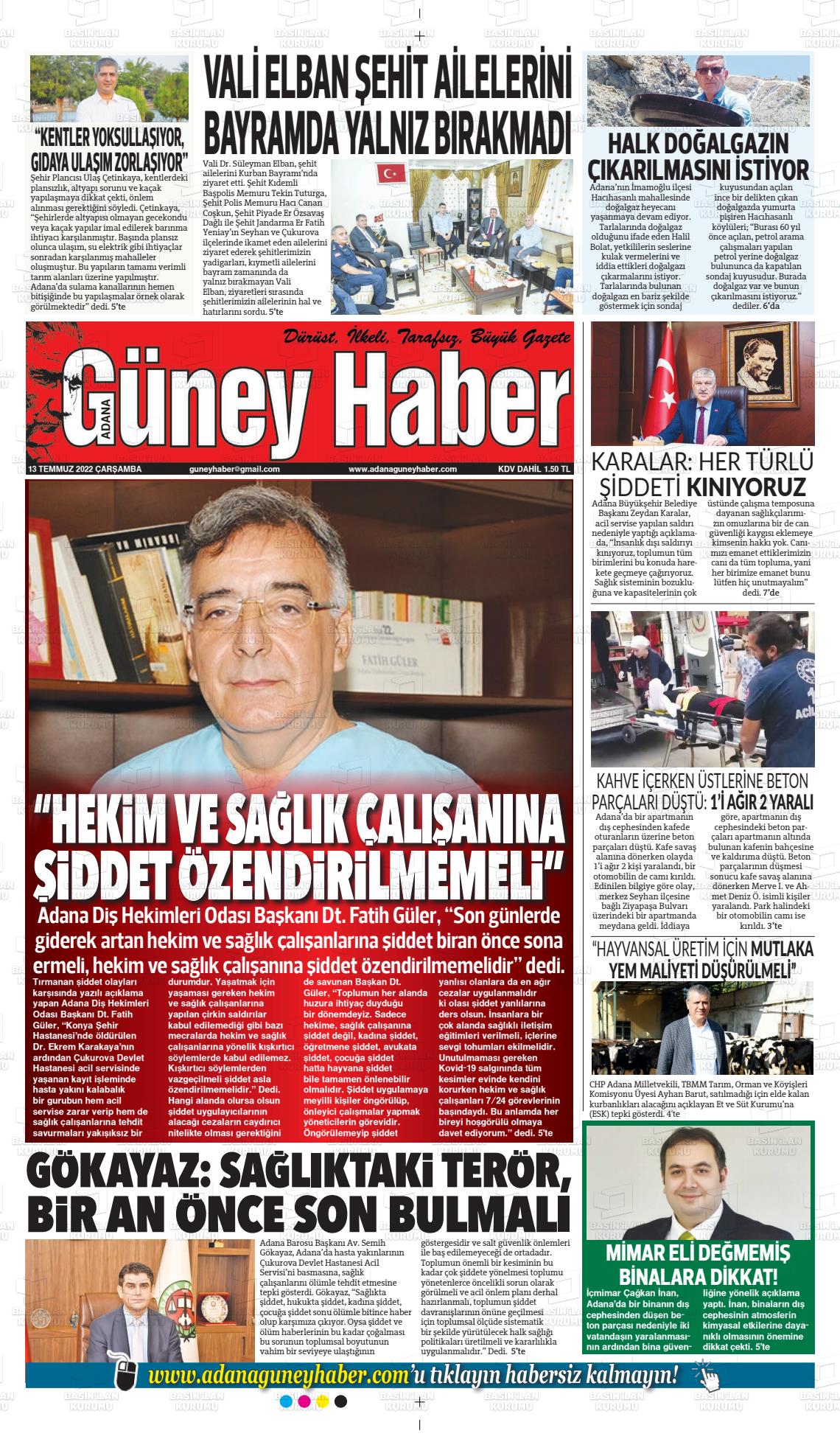 13 Temmuz 2022 Adana Güney Haber Gazete Manşeti