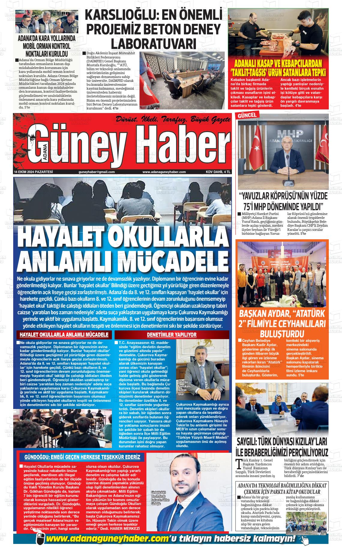 14 Ekim 2024 Adana Güney Haber Gazete Manşeti