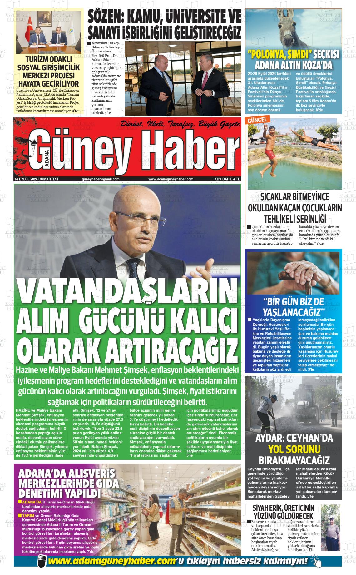 14 Eylül 2024 Adana Güney Haber Gazete Manşeti