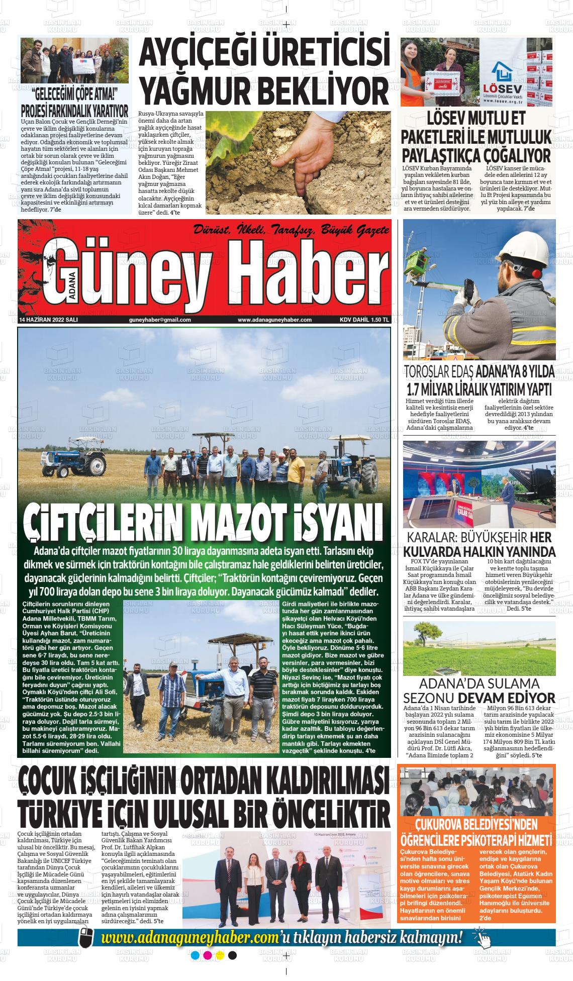 14 Haziran 2022 Adana Güney Haber Gazete Manşeti