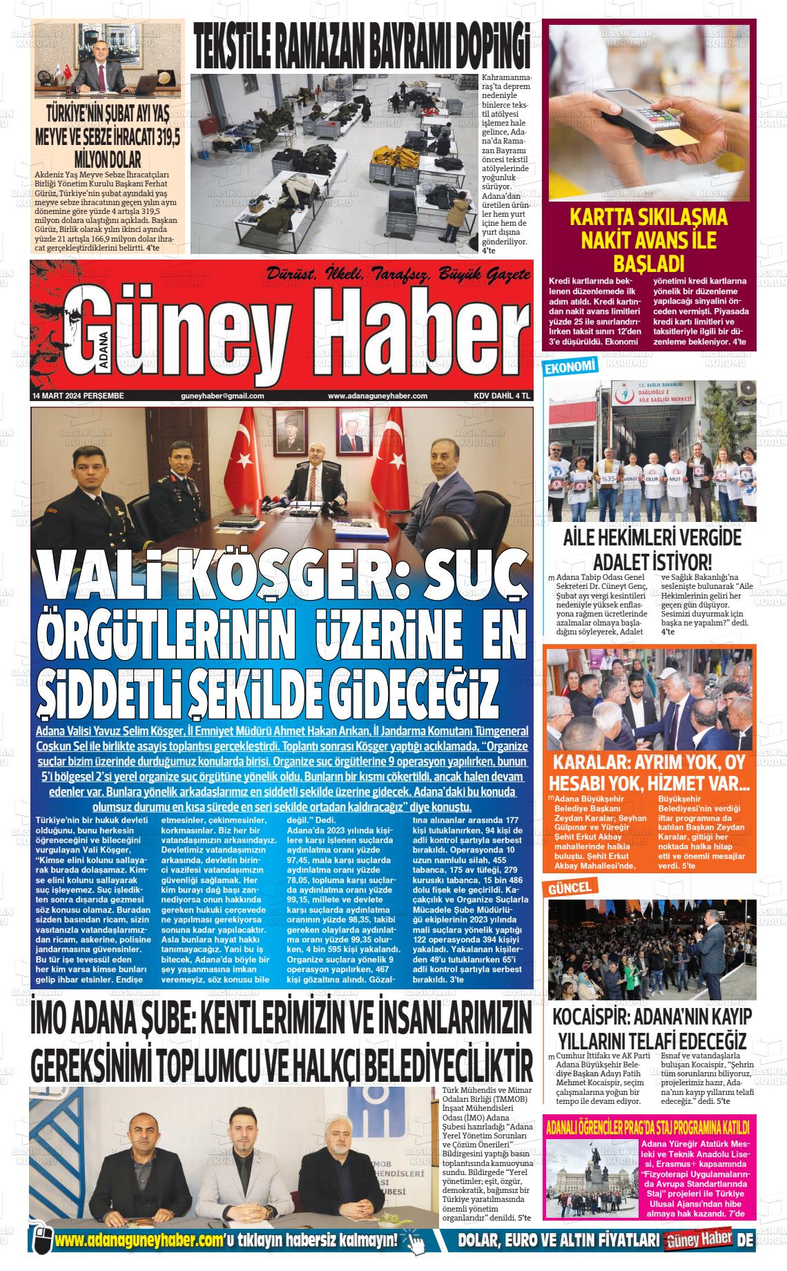 14 Mart 2024 Adana Güney Haber Gazete Manşeti