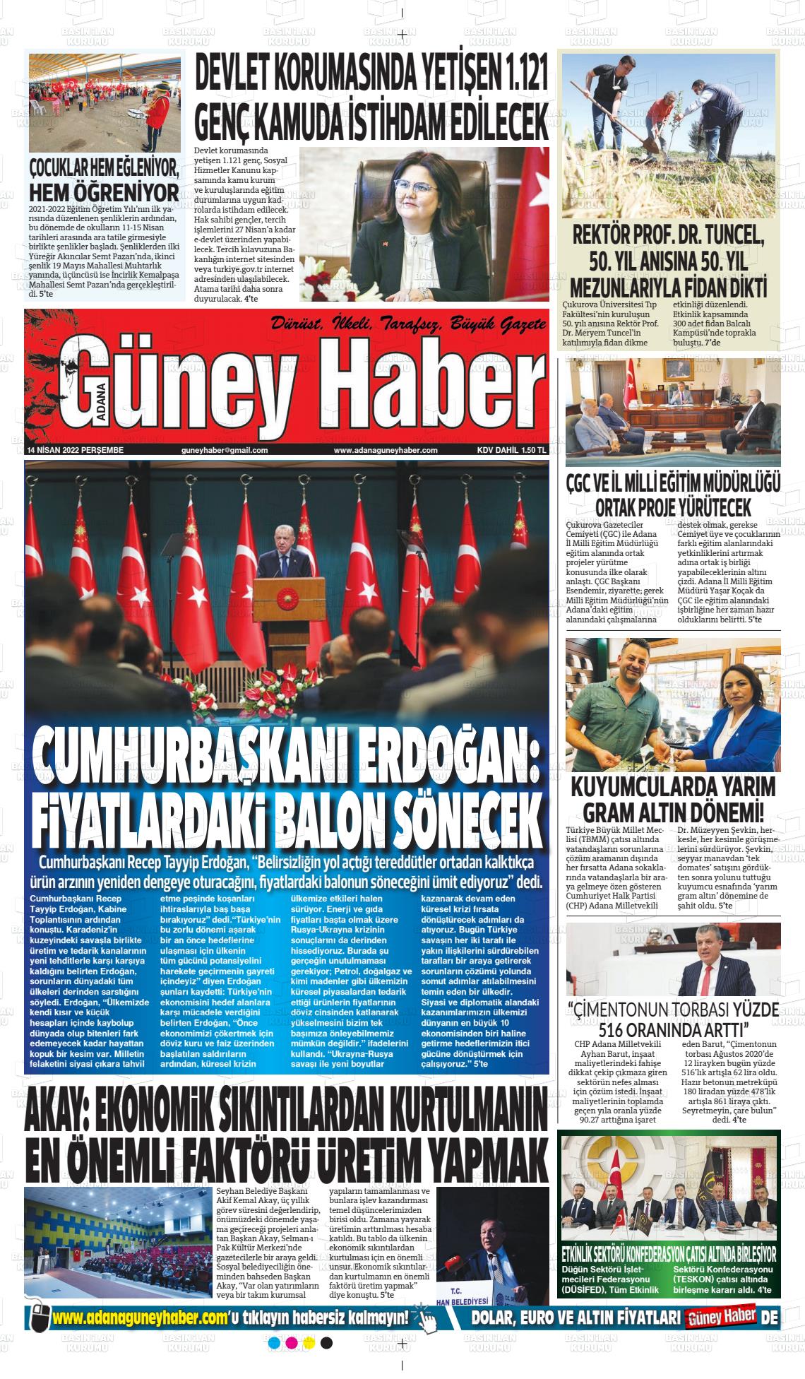 14 Nisan 2022 Adana Güney Haber Gazete Manşeti