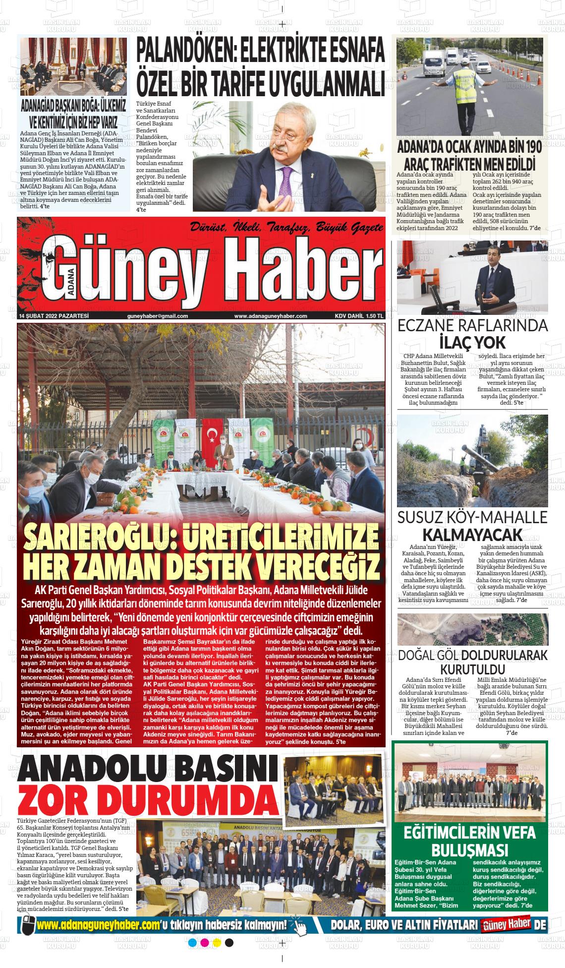 14 Şubat 2022 Adana Güney Haber Gazete Manşeti