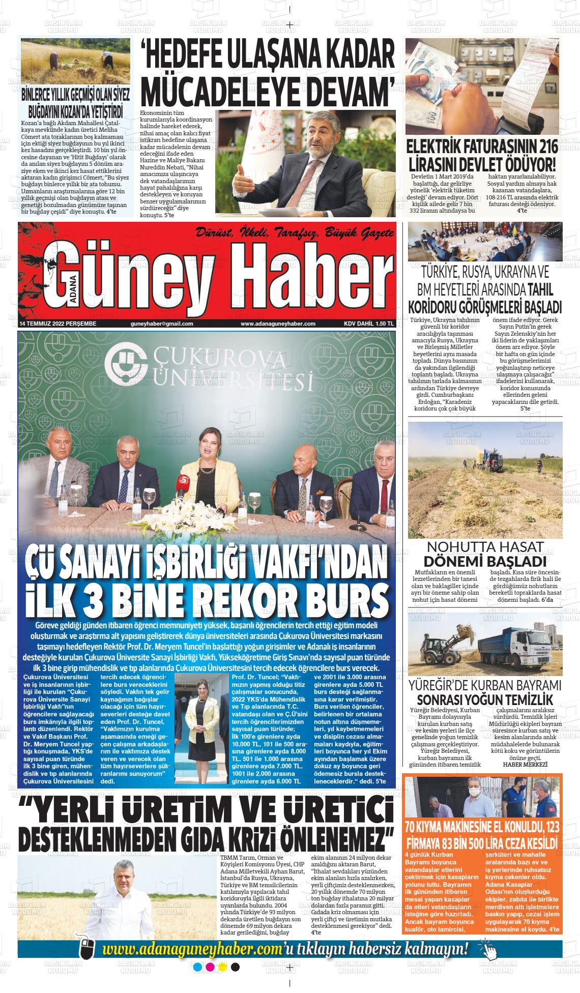 14 Temmuz 2022 Adana Güney Haber Gazete Manşeti