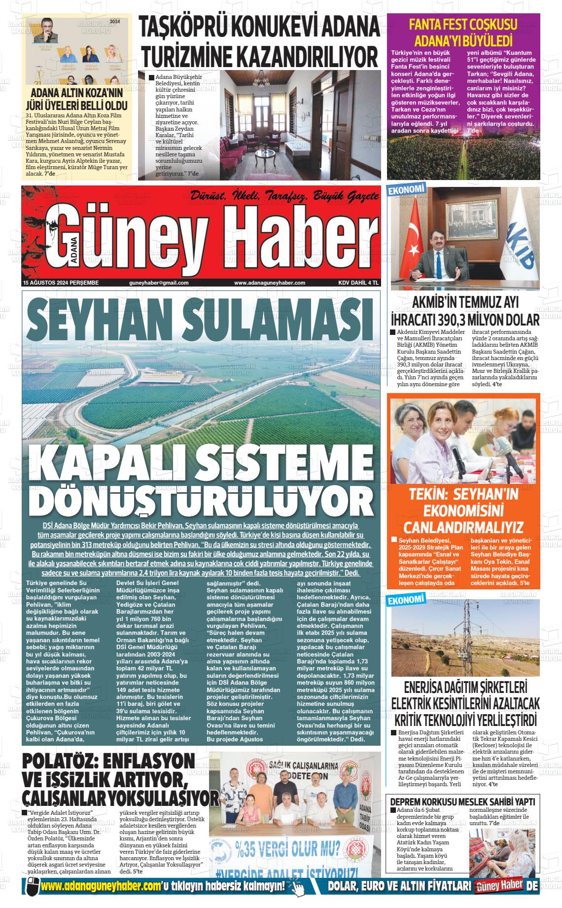 15 Ağustos 2024 Adana Güney Haber Gazete Manşeti