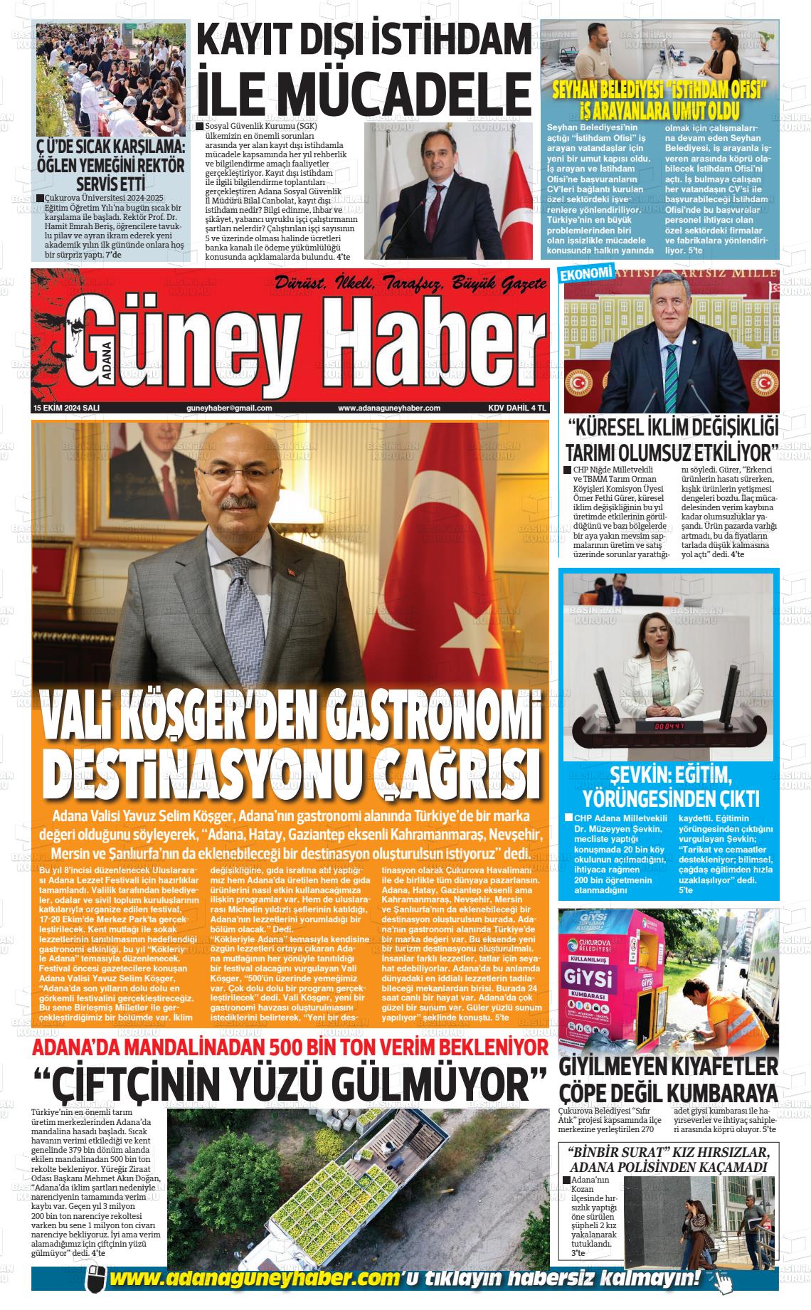 15 Ekim 2024 Adana Güney Haber Gazete Manşeti