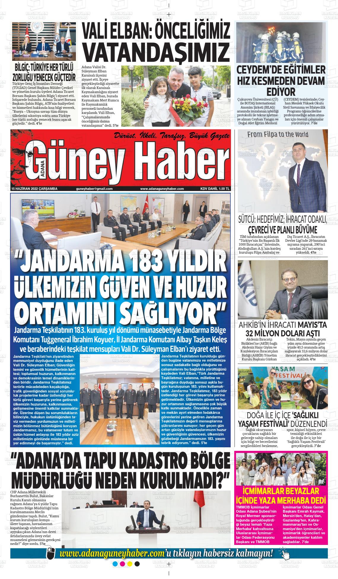 15 Haziran 2022 Adana Güney Haber Gazete Manşeti