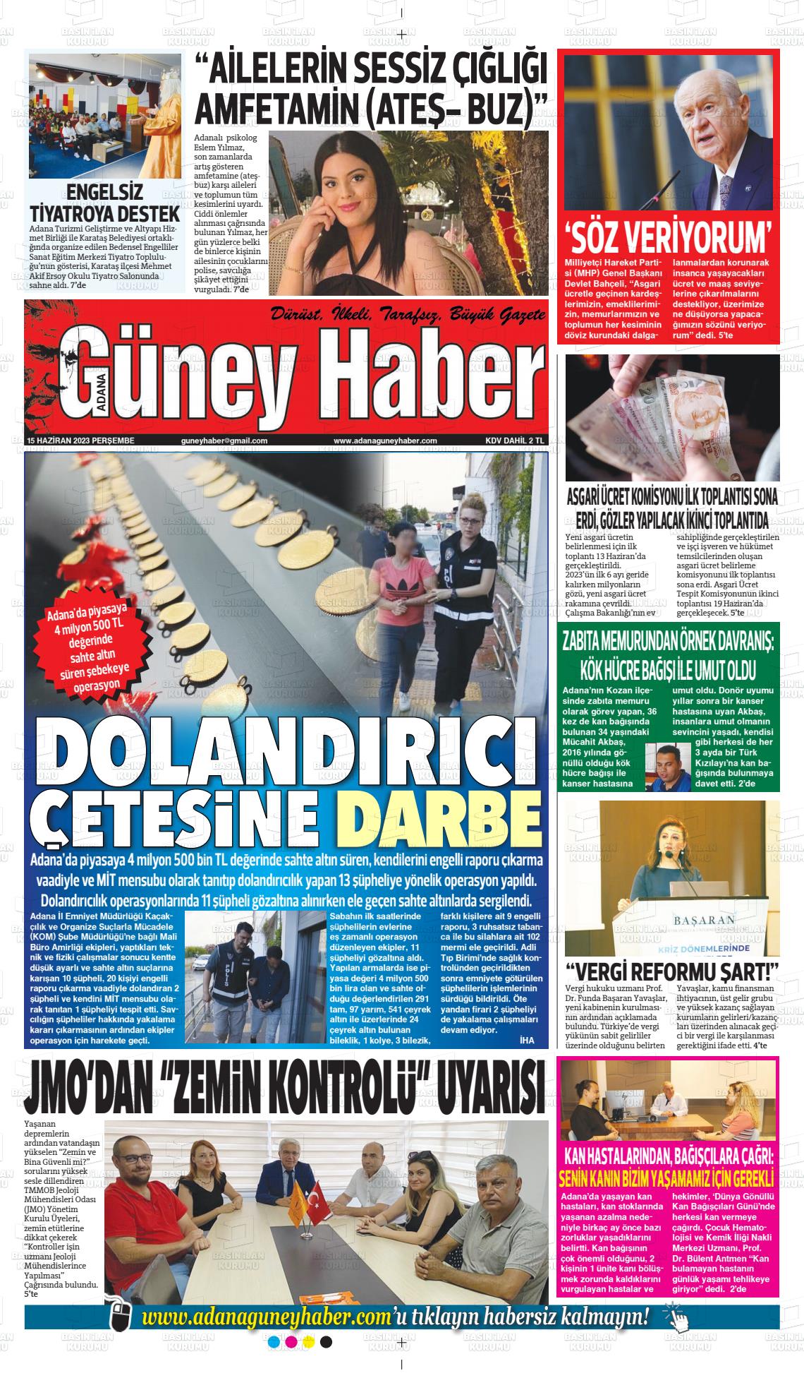 15 Haziran 2023 Adana Güney Haber Gazete Manşeti