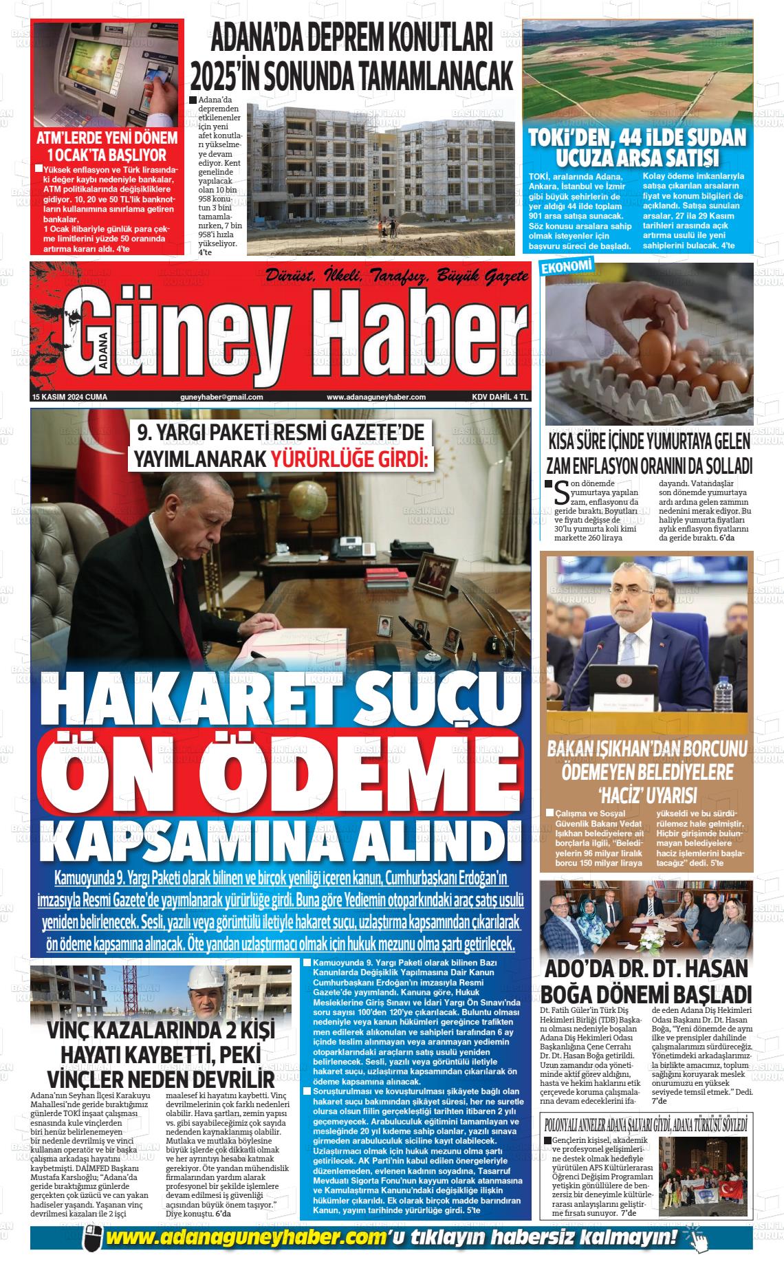 15 Kasım 2024 Adana Güney Haber Gazete Manşeti