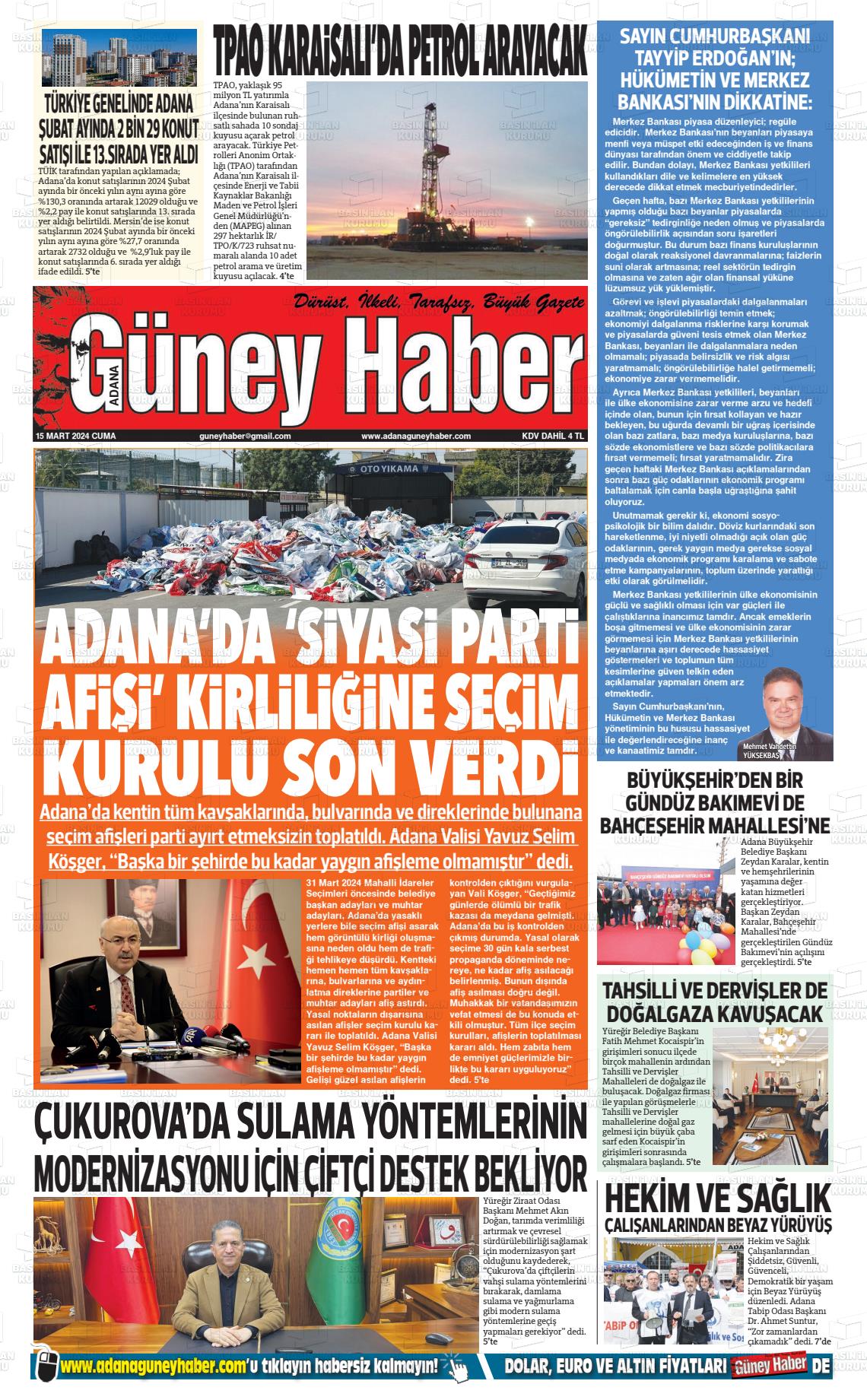 15 Mart 2024 Adana Güney Haber Gazete Manşeti