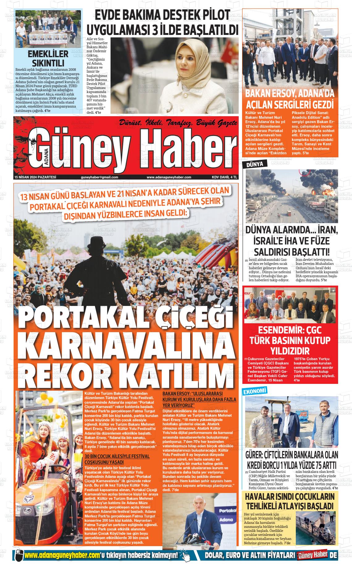 15 Nisan 2024 Adana Güney Haber Gazete Manşeti