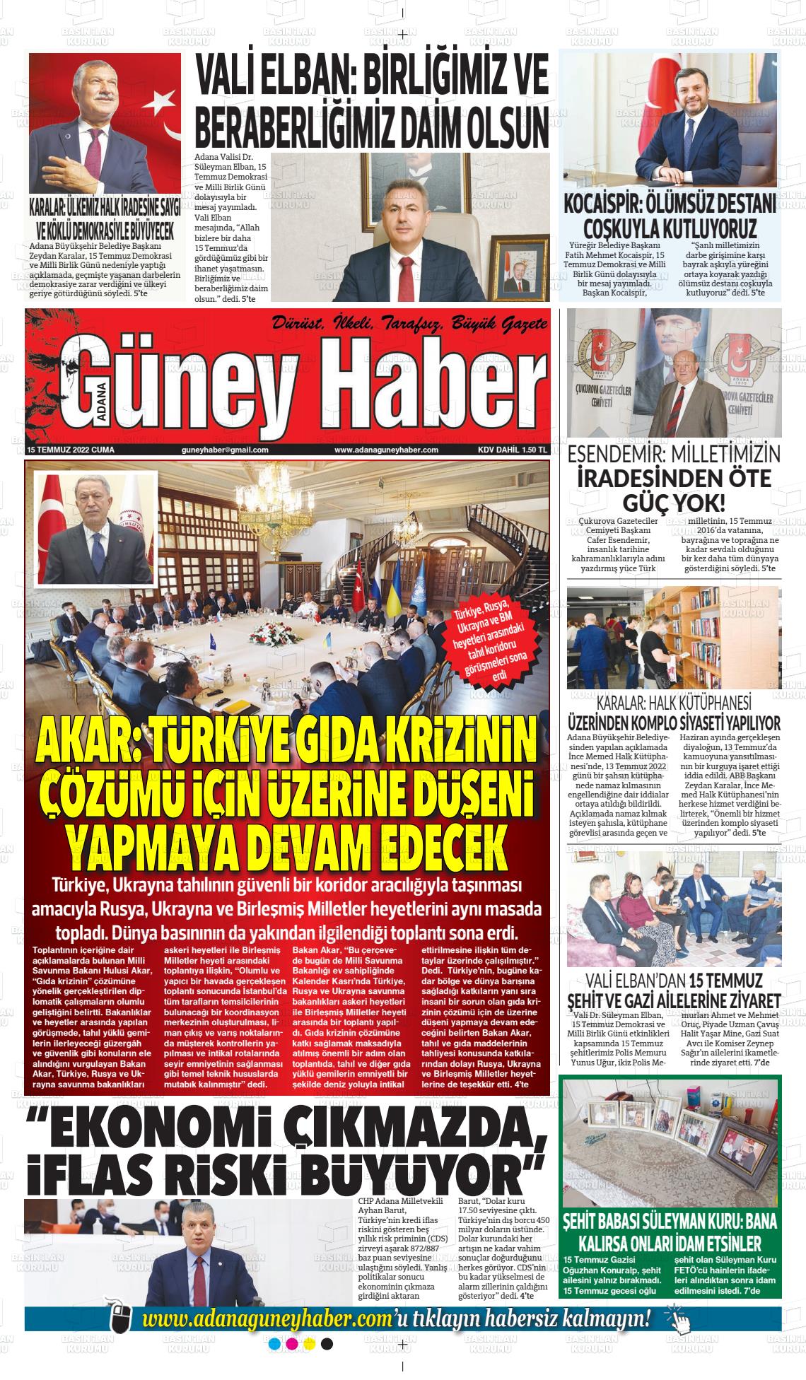 15 Temmuz 2022 Adana Güney Haber Gazete Manşeti